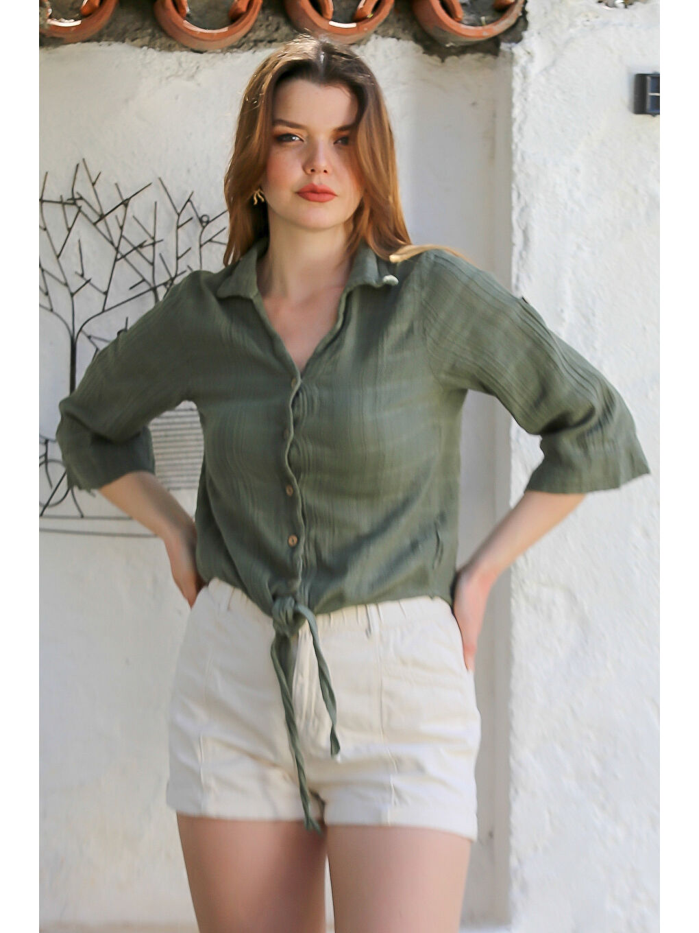 Haki Gömlek Yaka Düğmeli Uzun Kollu Bağlamalı Yıkamalı Casual Dokuma Gömlek 58 51