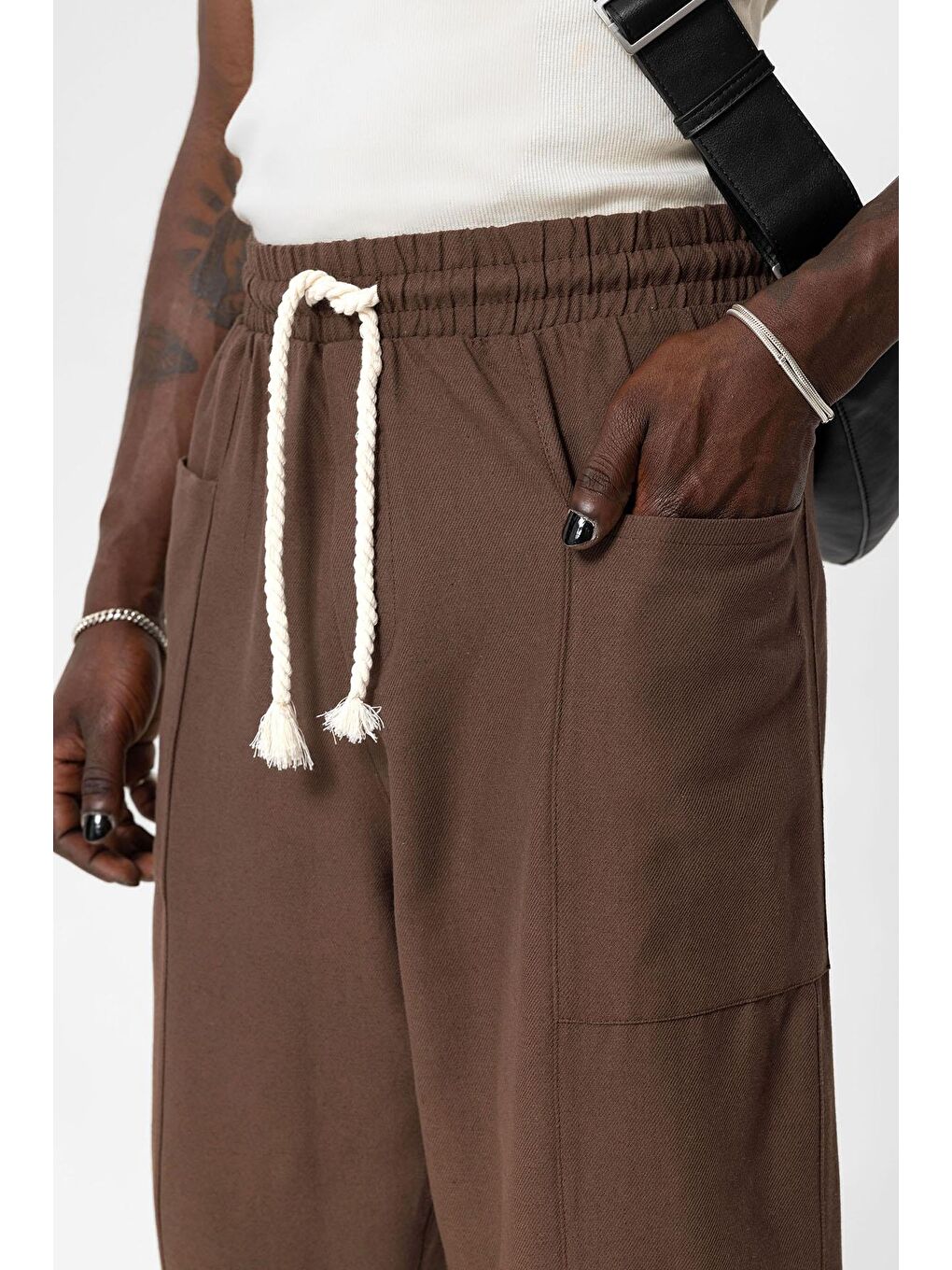 Kahverengi Yan Cepli Baggy Keten Pantolon Kahve-5