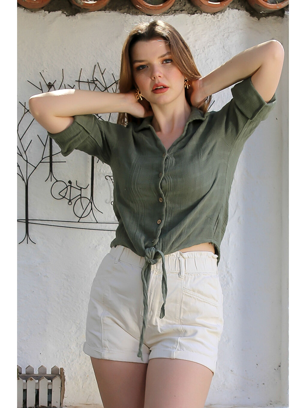 Haki Gömlek Yaka Düğmeli Uzun Kollu Bağlamalı Yıkamalı Casual Dokuma Gömlek 58 51-1