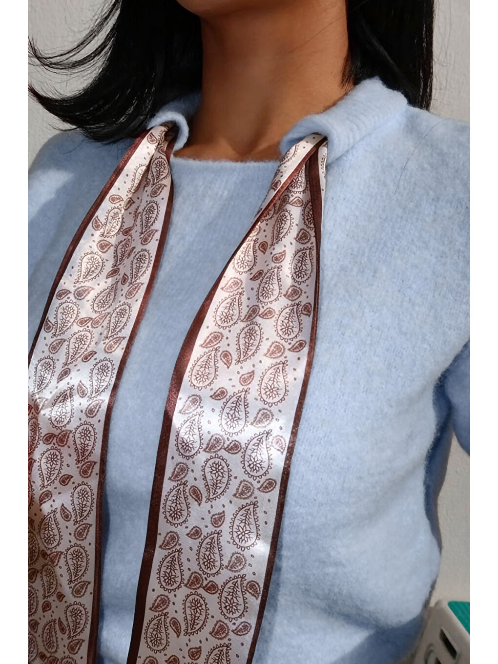 Mavi Fularlı Bisiklet Yaka Kısa Kollu Triko T-shirt E-311-3