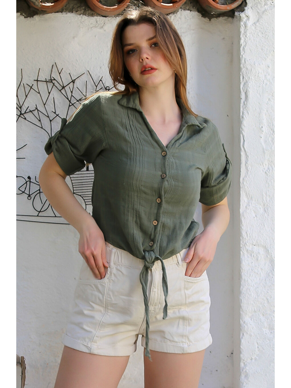 Haki Gömlek Yaka Düğmeli Uzun Kollu Bağlamalı Yıkamalı Casual Dokuma Gömlek 58 51-2