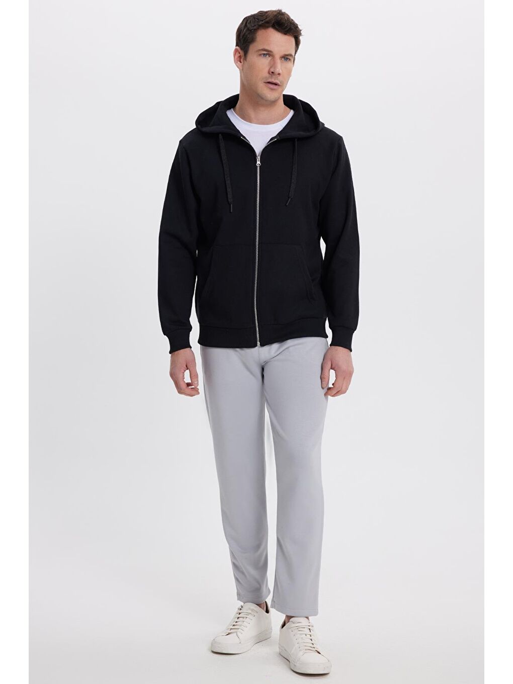 Unisex Relax Fit Rahat Kesim Pamuklu İçi Polarlı Çift Cepli Tam Fermuarlı Siyah Kapüşonlu Sweatshirt-3