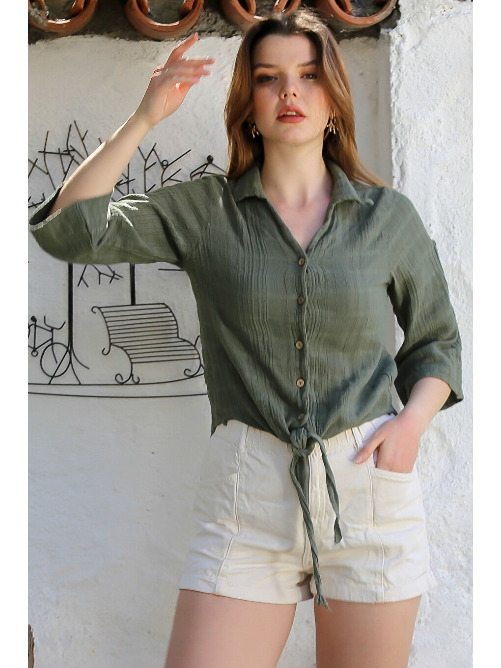 Haki Gömlek Yaka Düğmeli Uzun Kollu Bağlamalı Yıkamalı Casual Dokuma Gömlek 58 51-3