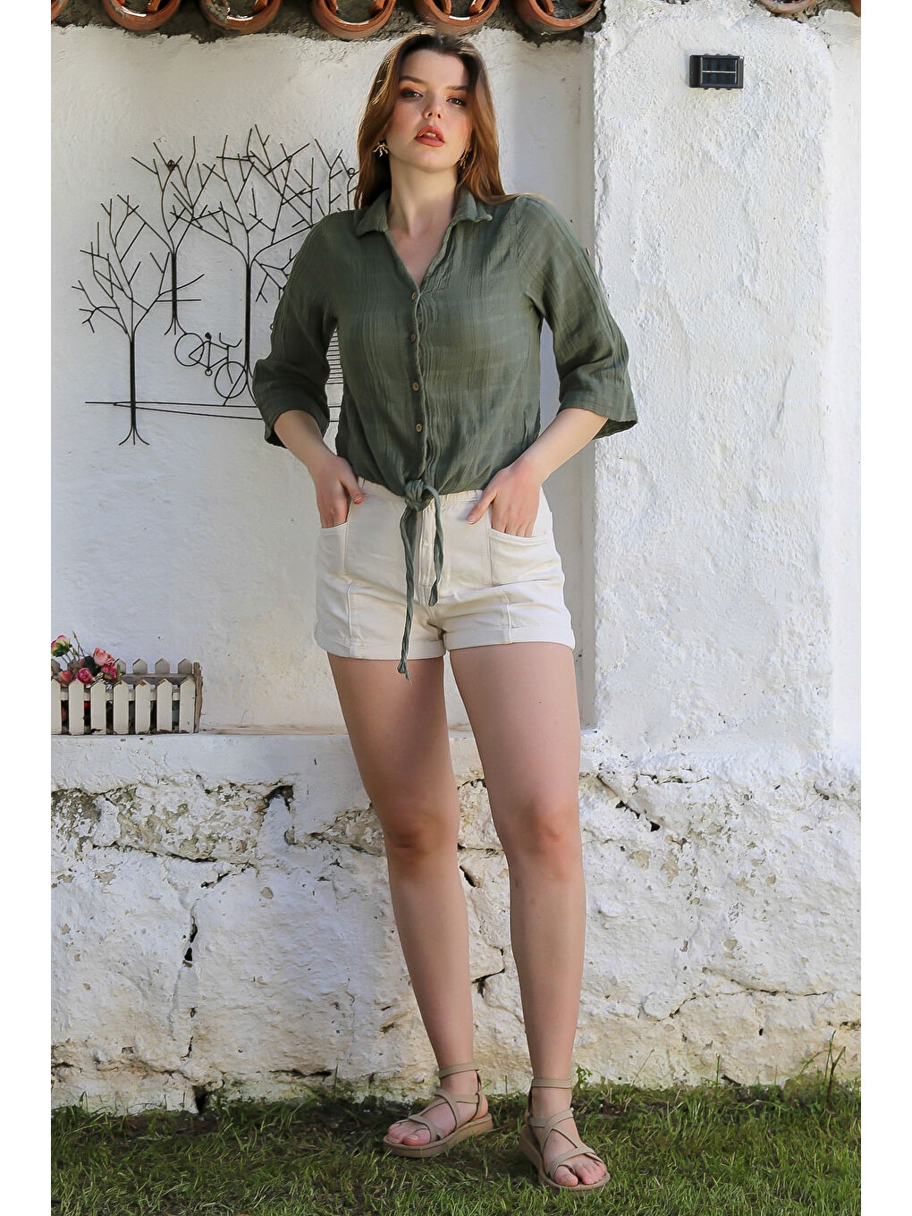 Haki Gömlek Yaka Düğmeli Uzun Kollu Bağlamalı Yıkamalı Casual Dokuma Gömlek 58 51-4