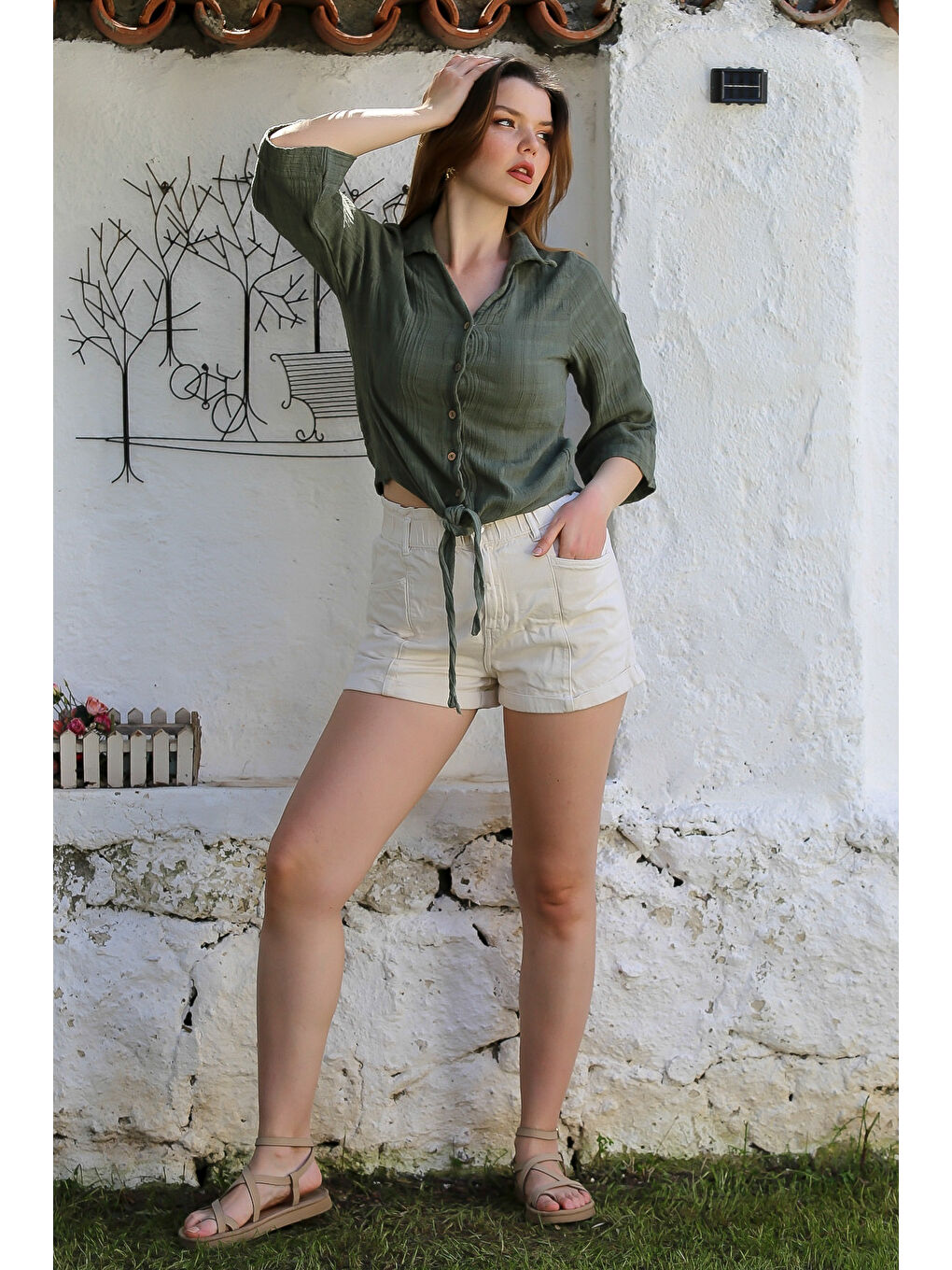 Haki Gömlek Yaka Düğmeli Uzun Kollu Bağlamalı Yıkamalı Casual Dokuma Gömlek 58 51-5