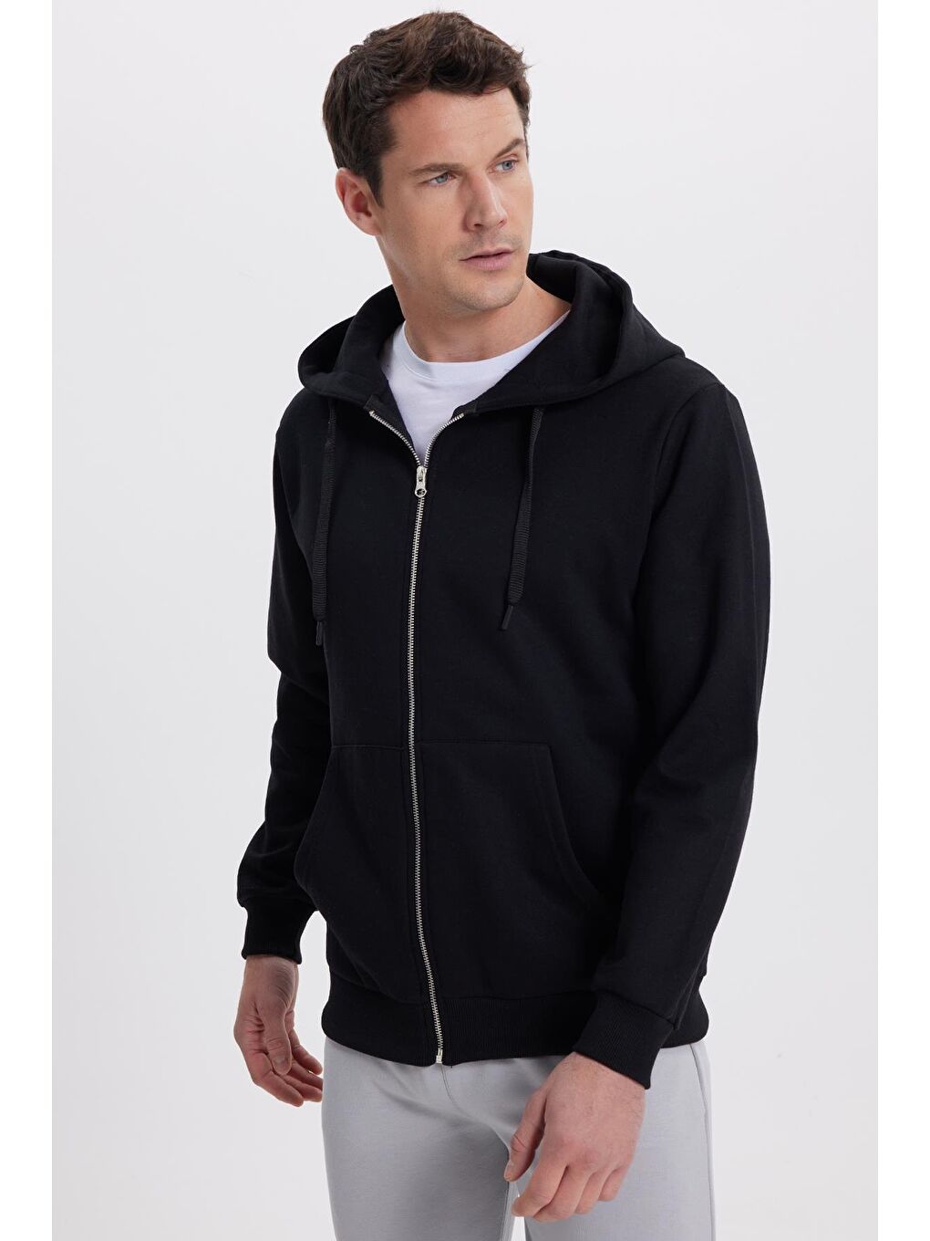 Unisex Relax Fit Rahat Kesim Pamuklu İçi Polarlı Çift Cepli Tam Fermuarlı Siyah Kapüşonlu Sweatshirt-4
