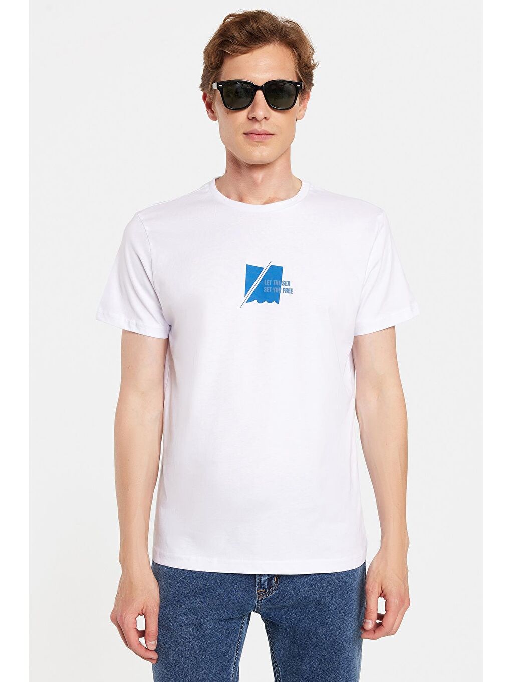 Erkek Slim Fit Dar Kesim %100 Pamuk Yumuşak Dokulu Baskılı Beyaz Bisiklet Yaka Tişört