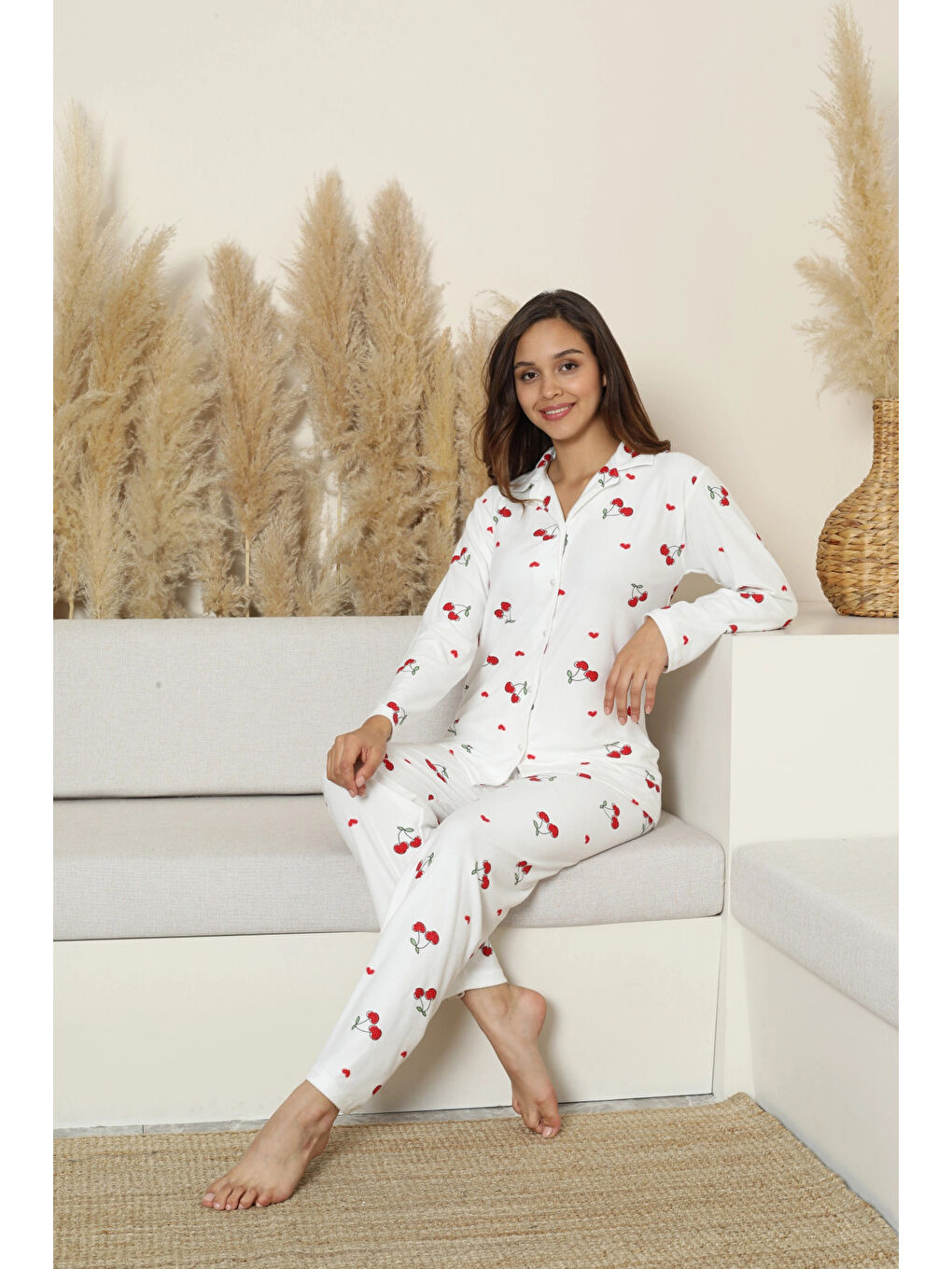 Beyaz Desenli Kadın Pijama Takımı 14104-1