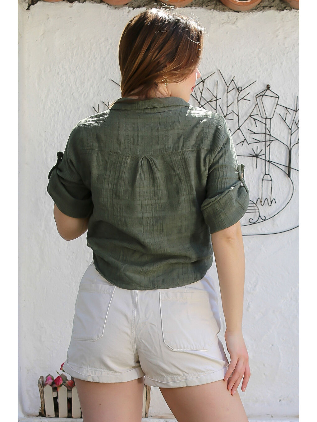 Haki Gömlek Yaka Düğmeli Uzun Kollu Bağlamalı Yıkamalı Casual Dokuma Gömlek 58 51-7