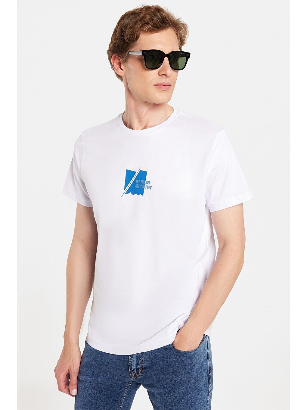 Erkek Slim Fit Dar Kesim %100 Pamuk Yumuşak Dokulu Baskılı Beyaz Bisiklet Yaka Tişört-2