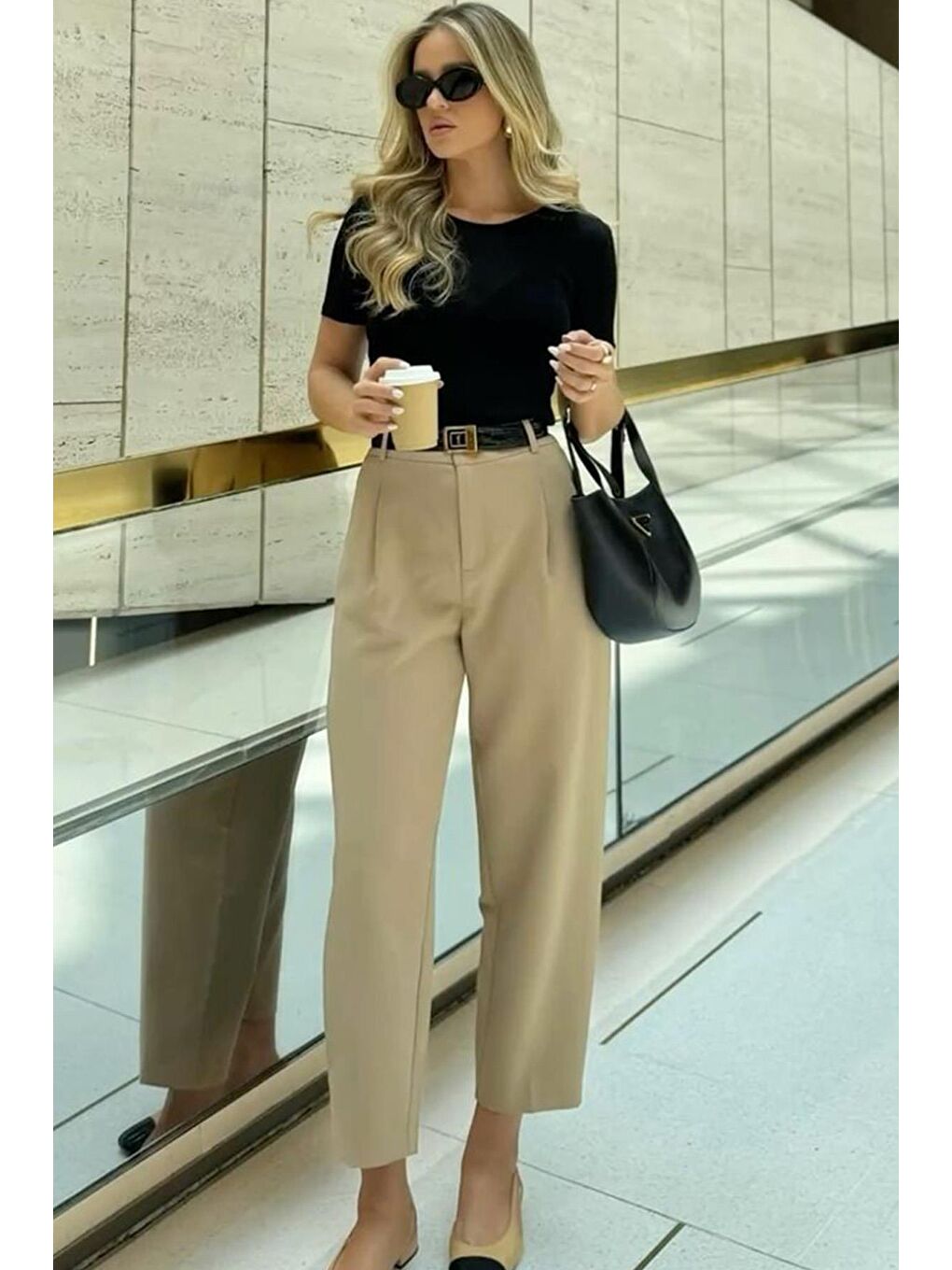 Bej Taş Rengi Yüksek Bel Pileli Kadın Kumaş Pantolon Mg2507-3