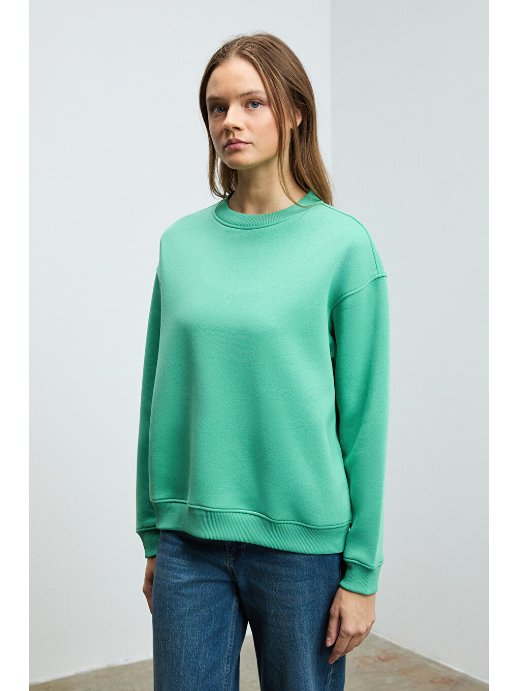 Susana Kadın Bisiklet Yaka İçi Polarlı Oversize Fit Basic Mint Yeşil Sweatshirt-2