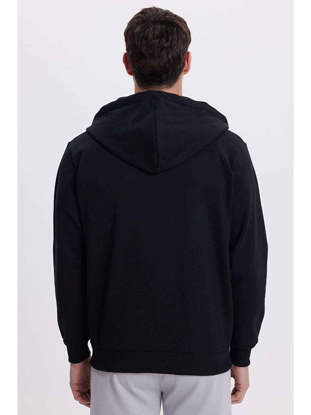 Unisex Relax Fit Rahat Kesim Pamuklu İçi Polarlı Çift Cepli Tam Fermuarlı Siyah Kapüşonlu Sweatshirt-6