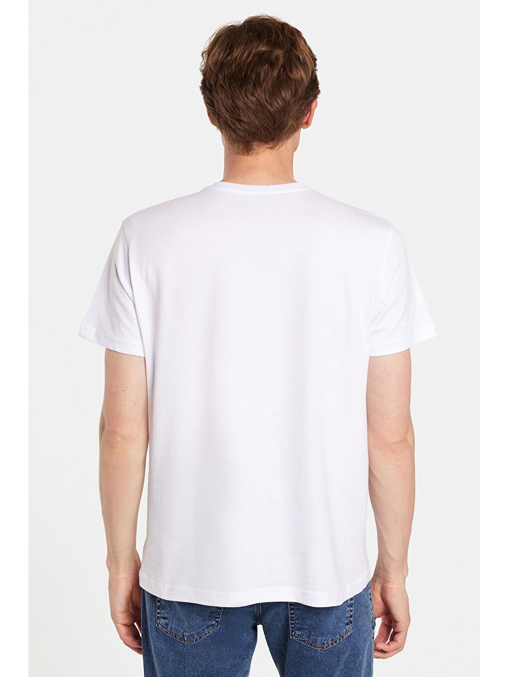 Erkek Slim Fit Dar Kesim %100 Pamuk Yumuşak Dokulu Baskılı Beyaz Bisiklet Yaka Tişört-4