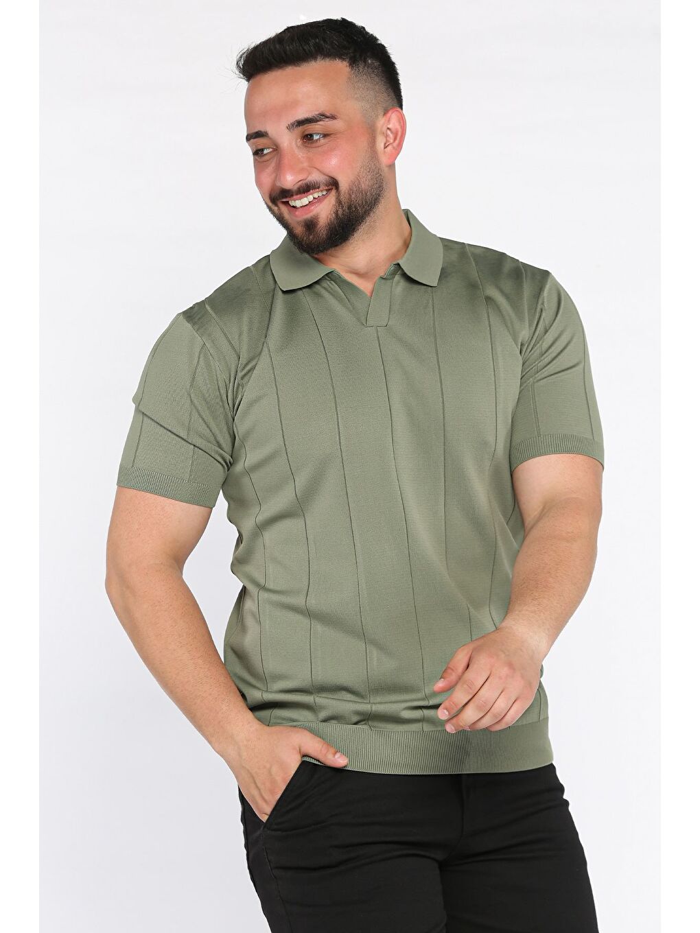 Haki Erkek Polo Yaka Kendinden Çizgi Desenli Tişört