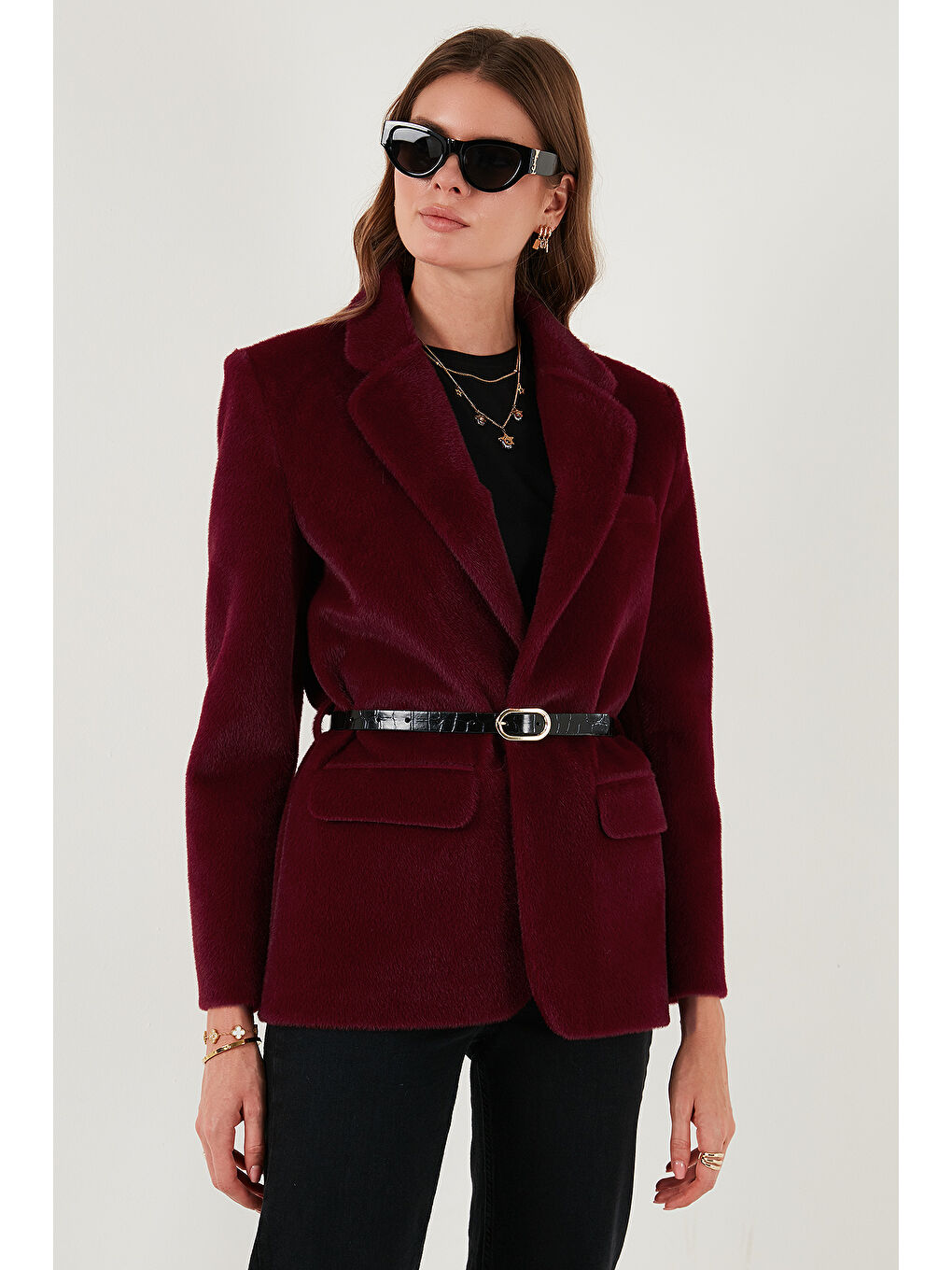 Bordo Regular Fit Astarlı Kemer Detaylı Pelüş Dokulu Ceket 6839490