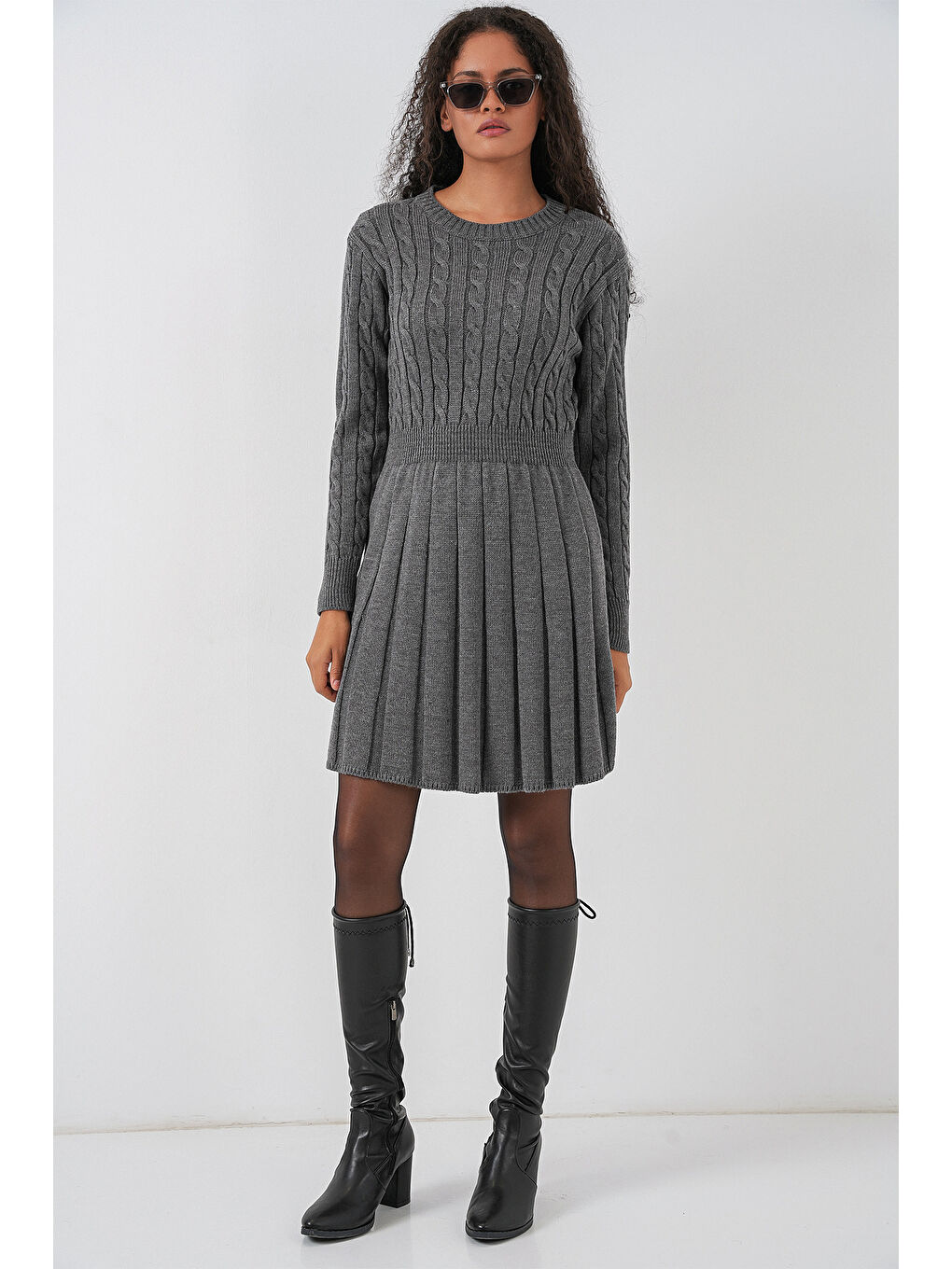 Kadın Kısa Triko Elbise 15943 - Antrasit-1