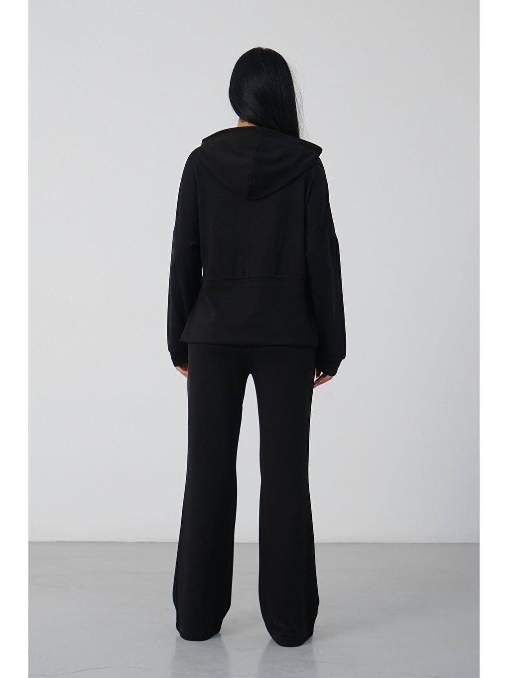 Siyah Kadın Kapüşonlu Salaş Takım Oversize Sweat ve Geniş Paça Alt-6