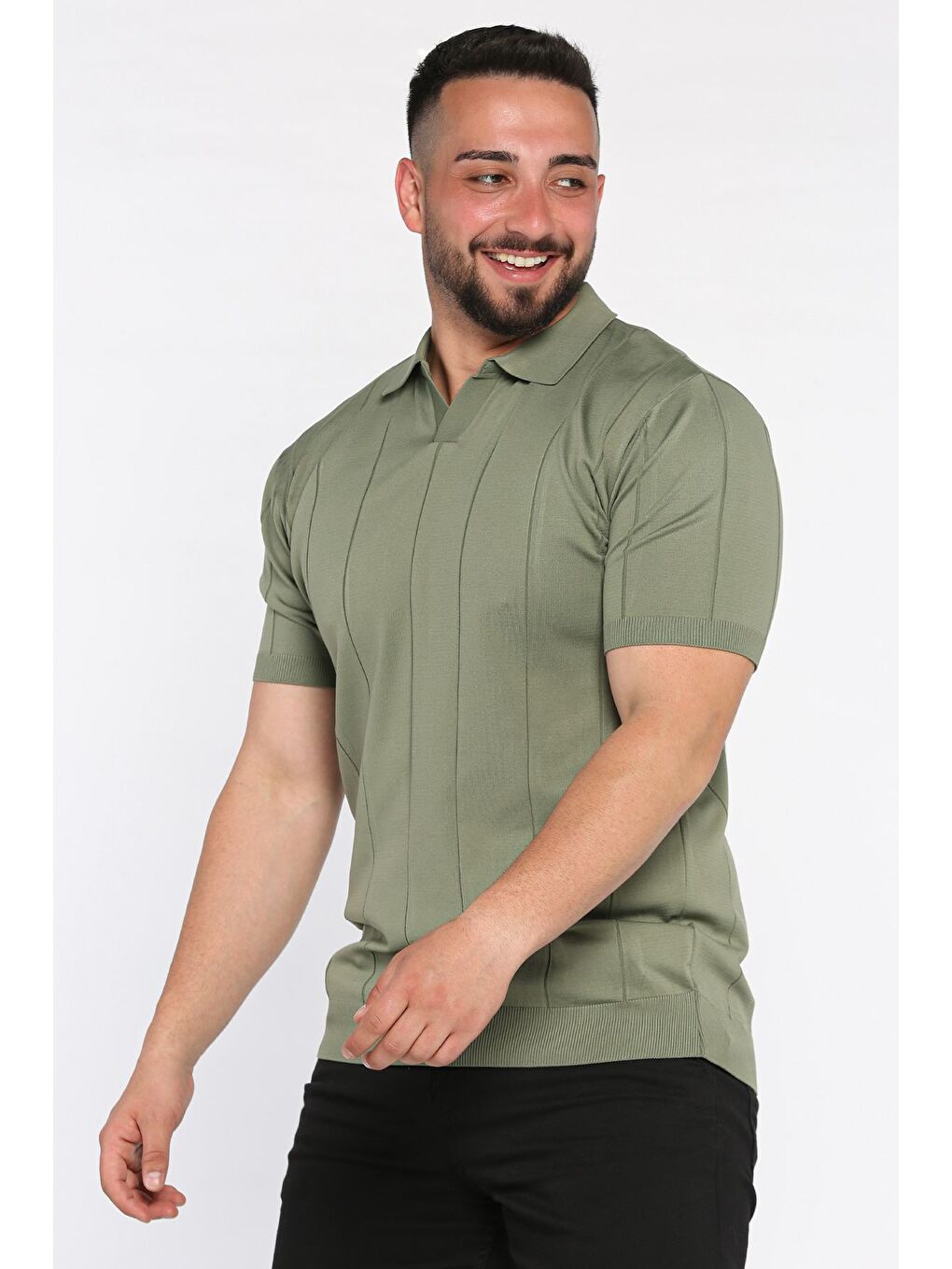 Haki Erkek Polo Yaka Kendinden Çizgi Desenli Tişört-1