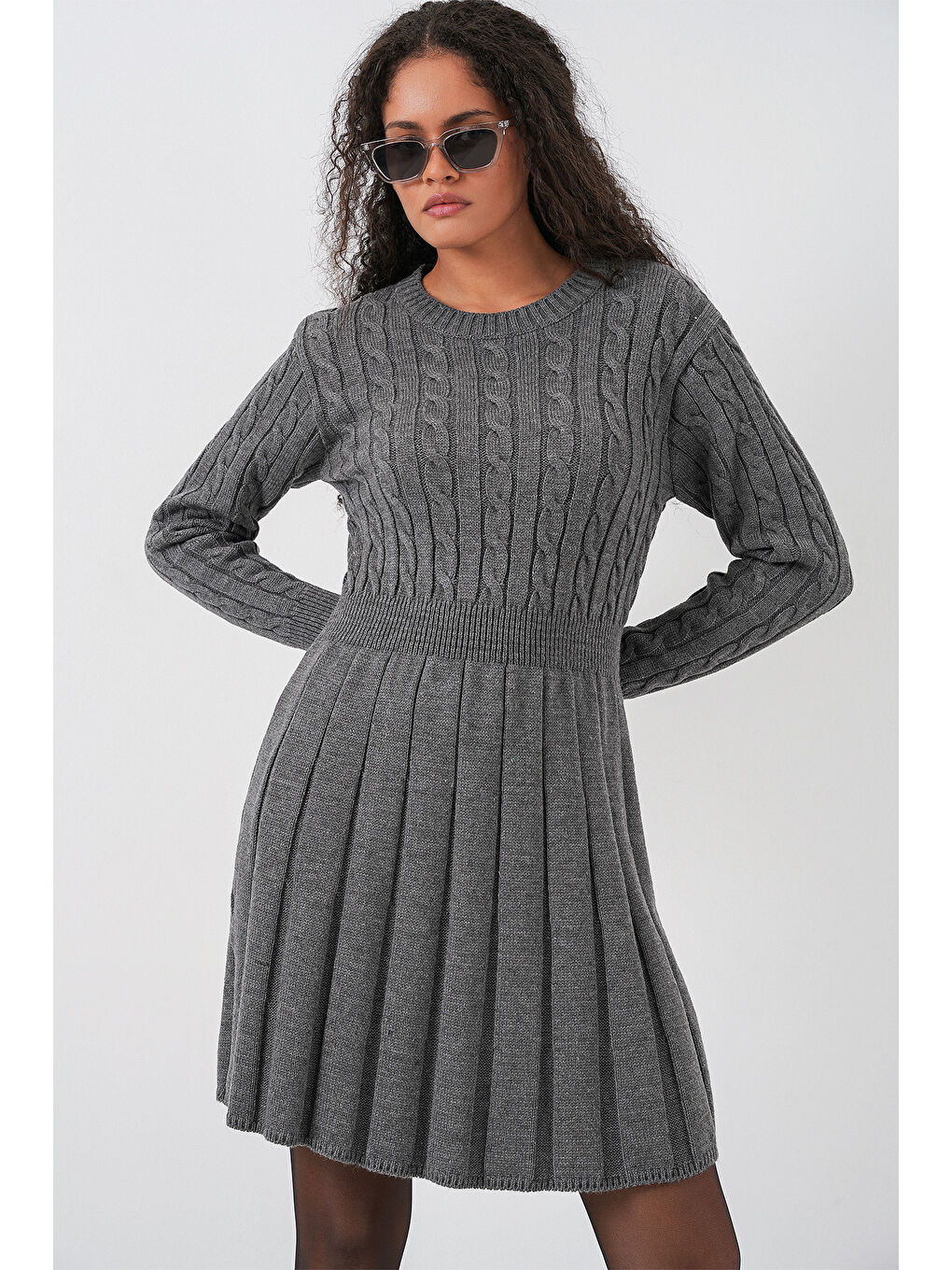Kadın Kısa Triko Elbise 15943 - Antrasit-2