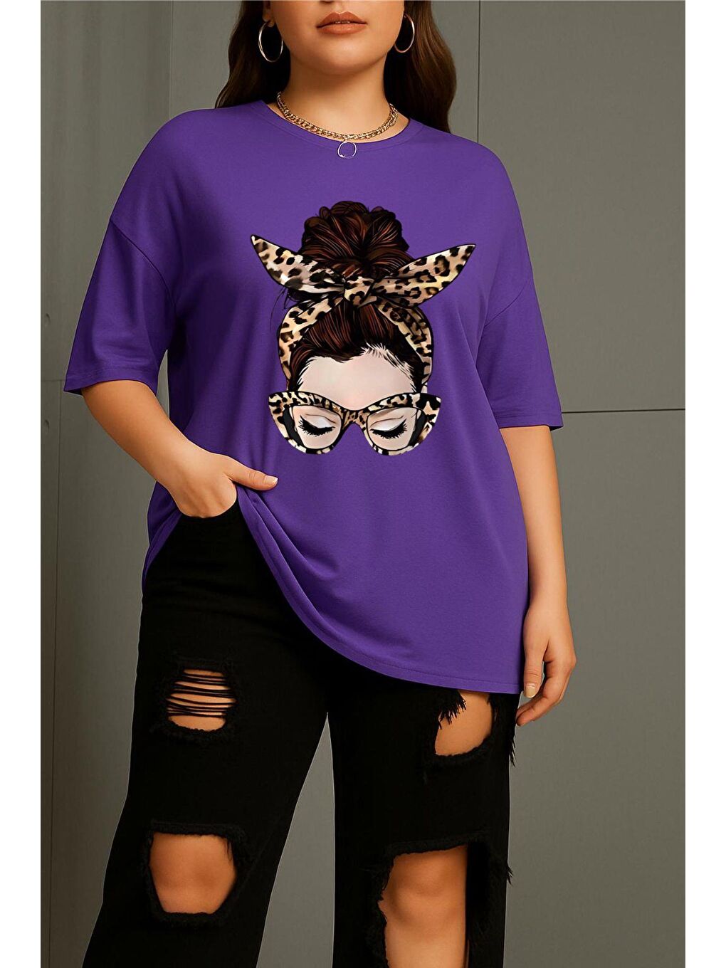 Mor Ceny Kadın Büyük Beden Battal Baskılı Bisiklet Yaka Pamuklu T-Shirt Rahat Kesim Unisex Sevgili Kombi