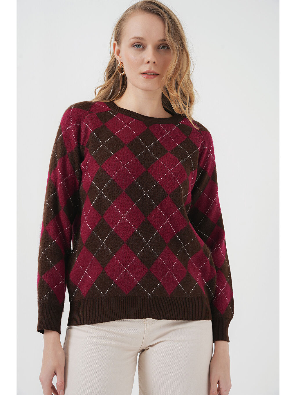 15918 Baklava Desen Triko Kazak - Kahverengi