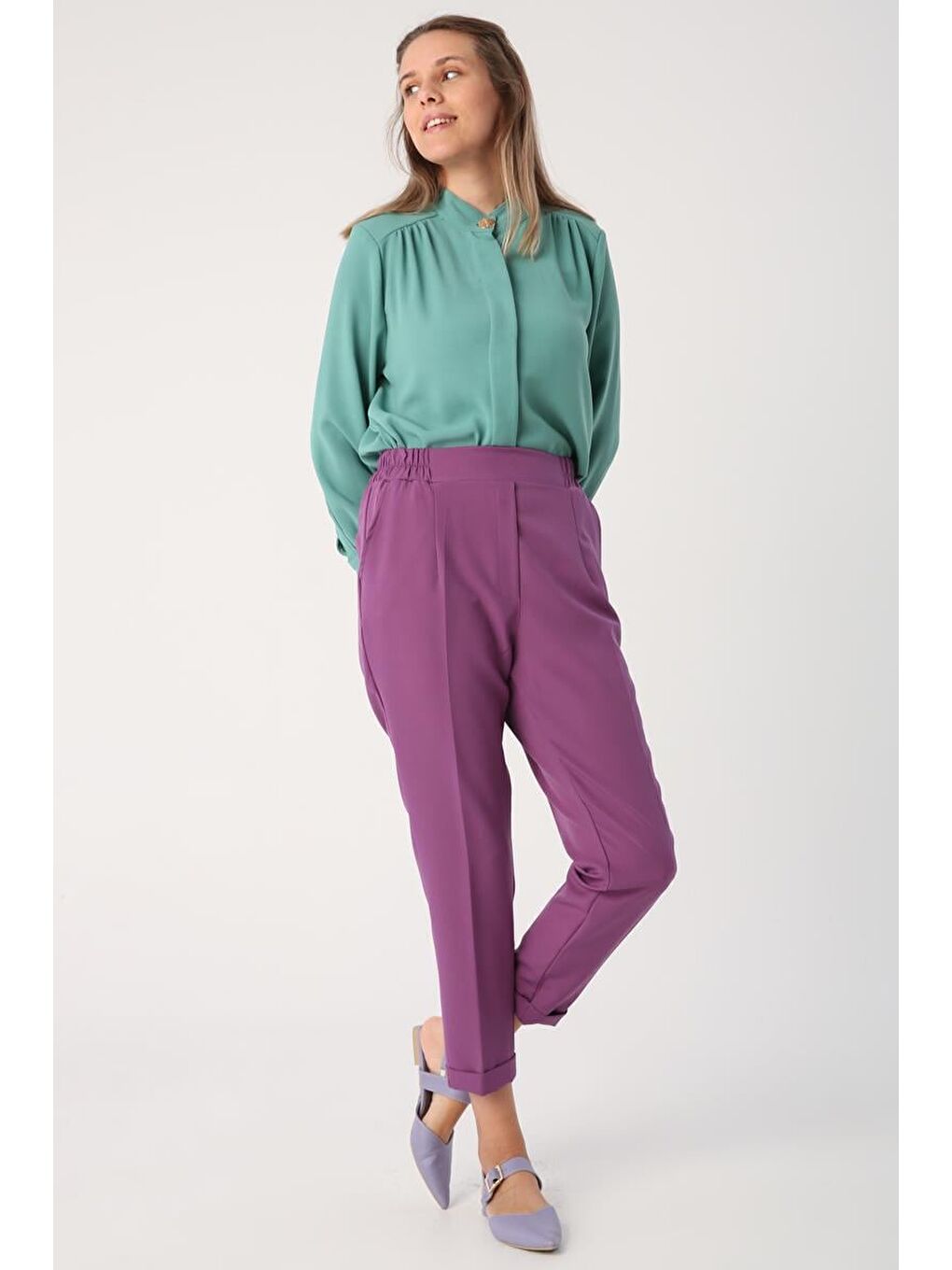 Koyu Mor-Beli Lastikli Havuc Pantolon-1