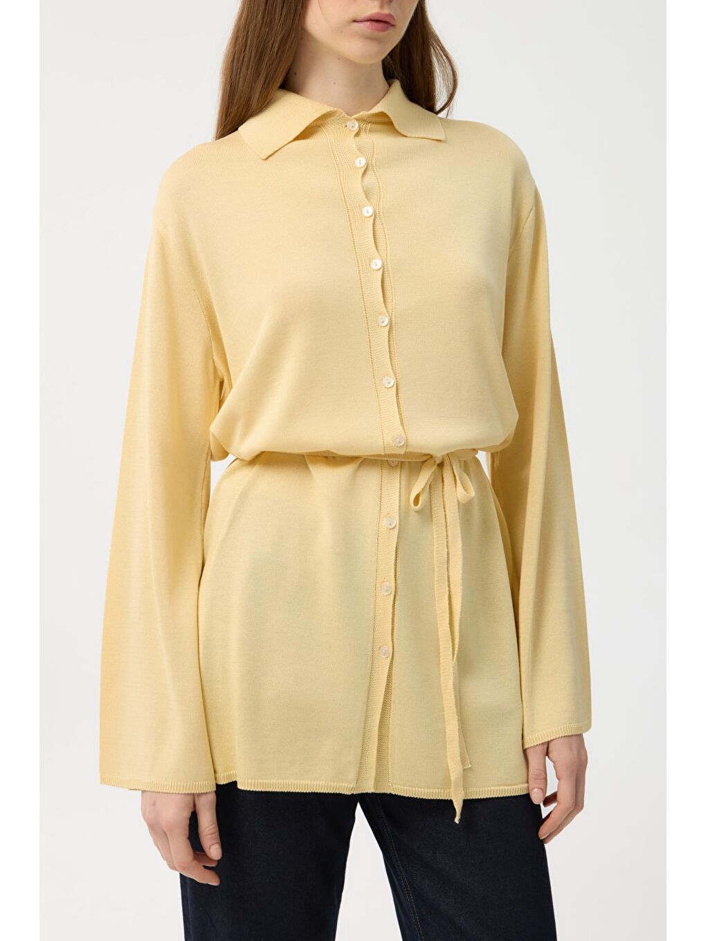 Düğmeli İnce Triko Hırka Sarı-2