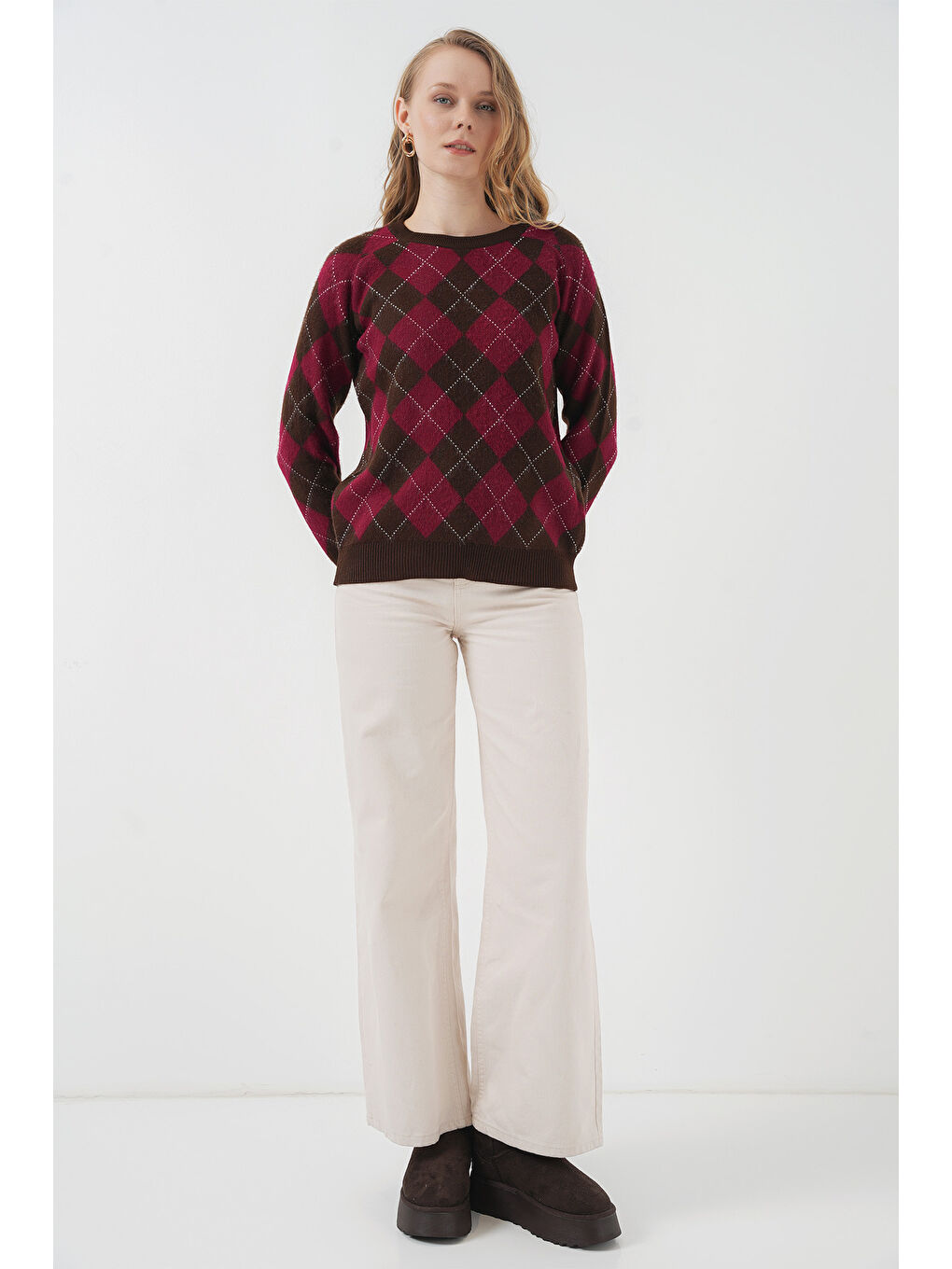 15918 Baklava Desen Triko Kazak - Kahverengi-1