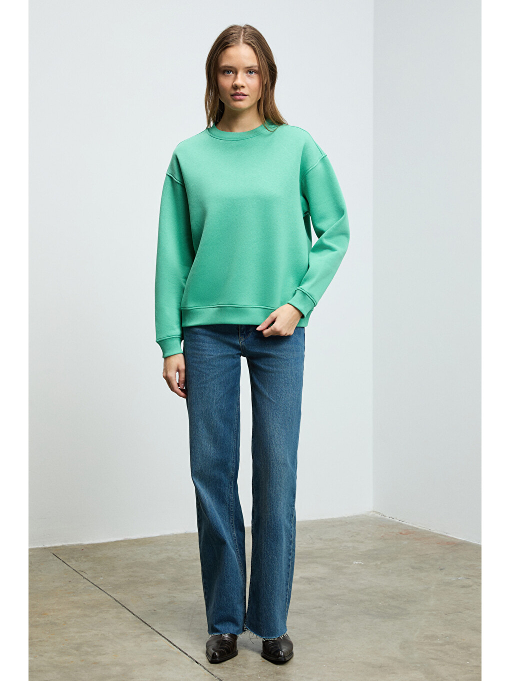 Susana Kadın Bisiklet Yaka İçi Polarlı Oversize Fit Basic Mint Yeşil Sweatshirt-3