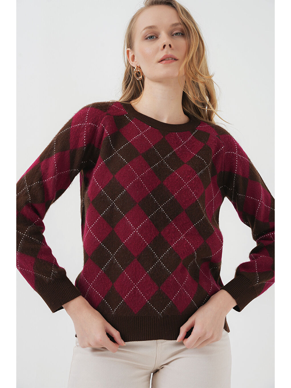 15918 Baklava Desen Triko Kazak - Kahverengi-2