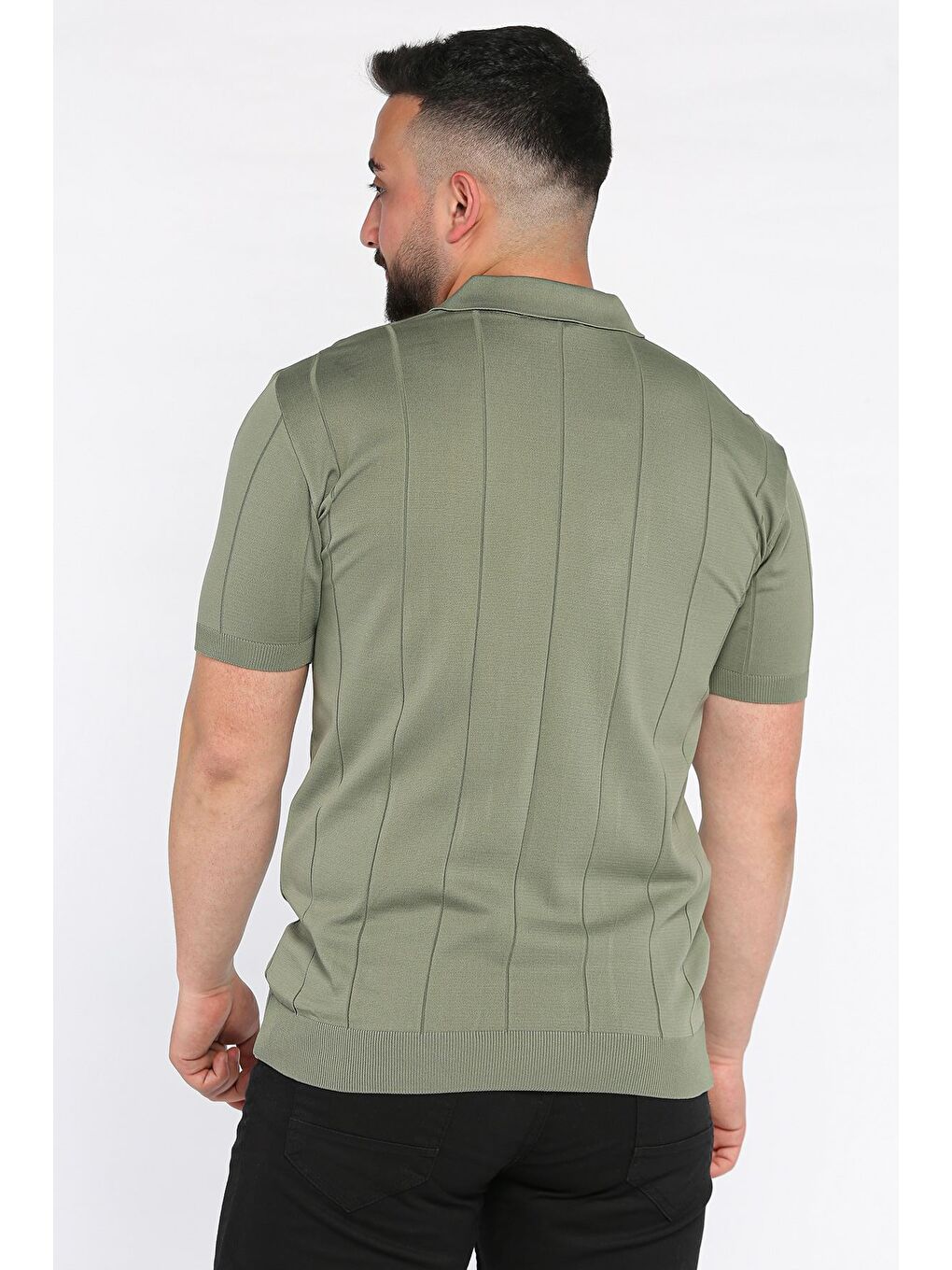 Haki Erkek Polo Yaka Kendinden Çizgi Desenli Tişört-2