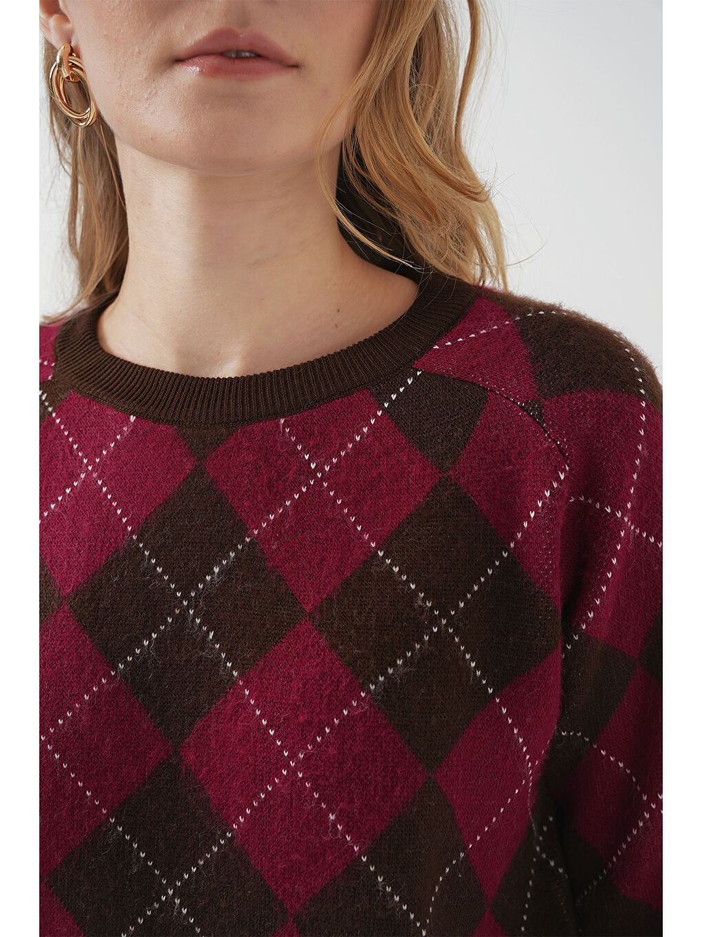 15918 Baklava Desen Triko Kazak - Kahverengi-3