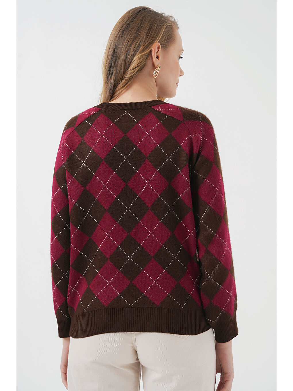 15918 Baklava Desen Triko Kazak - Kahverengi-4