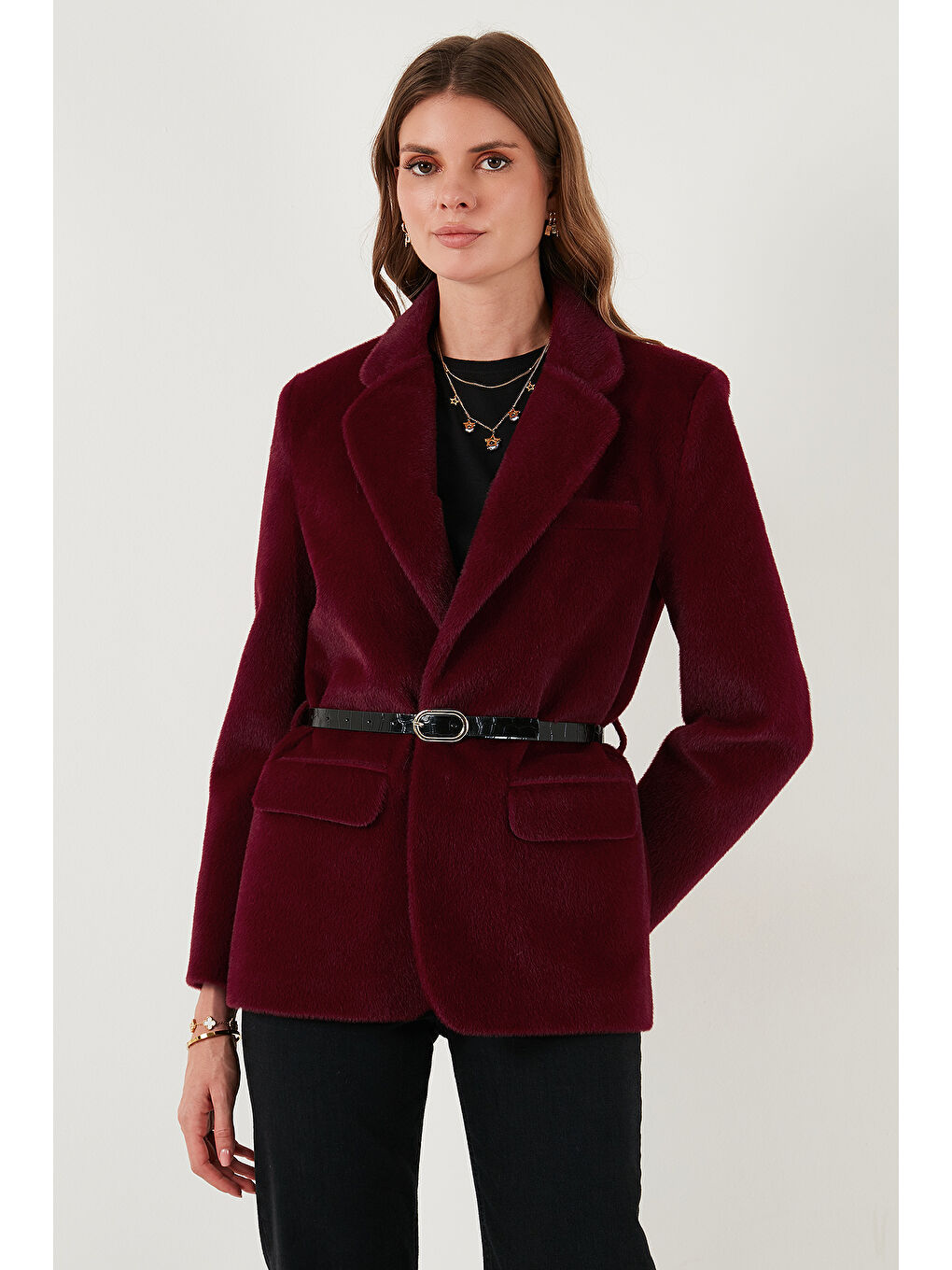 Bordo Regular Fit Astarlı Kemer Detaylı Pelüş Dokulu Ceket 6839490-1