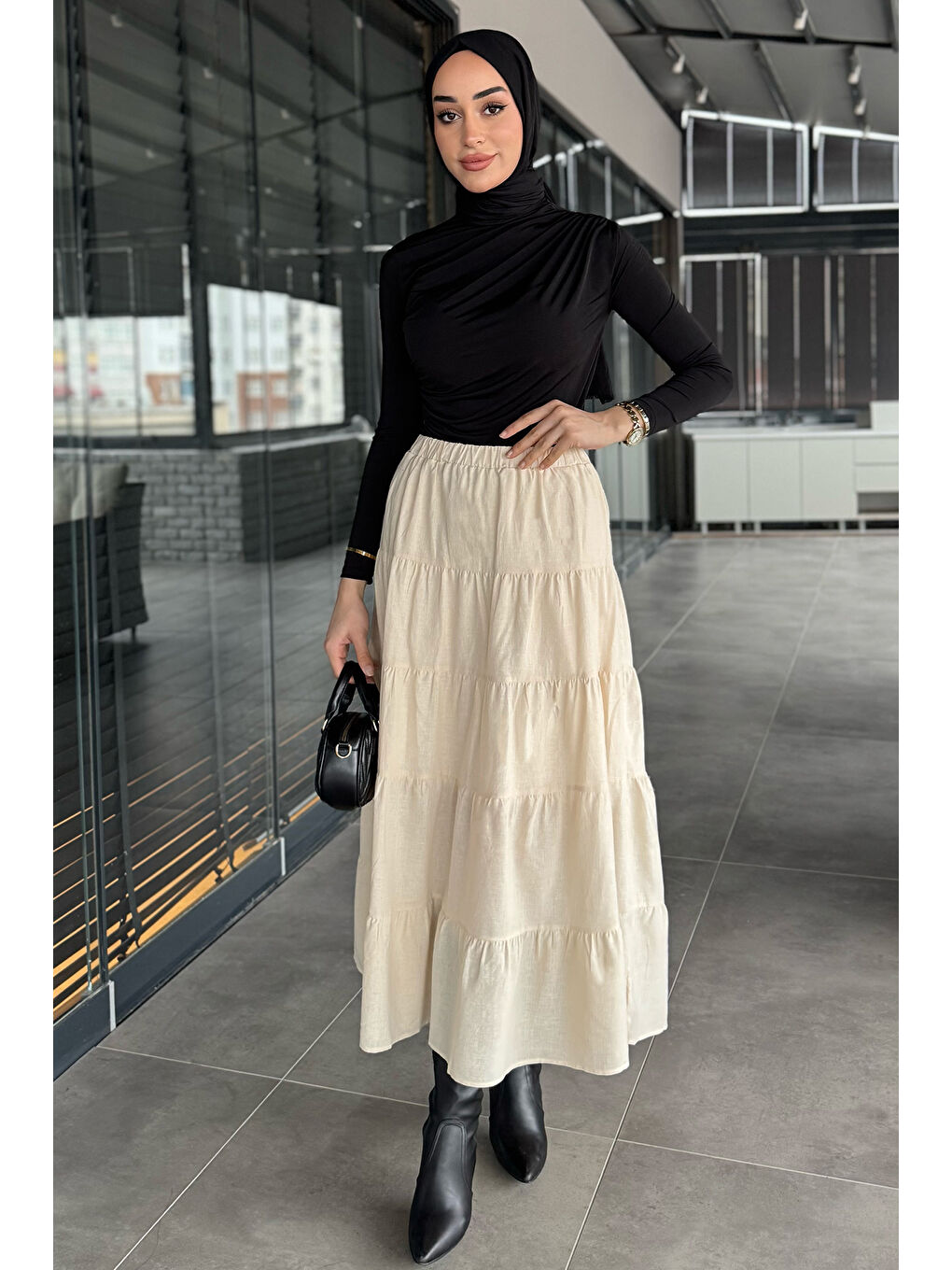 Bej Kadın Bel Lastikli Fırfırlı İç Astarlı Uzun Etek-1