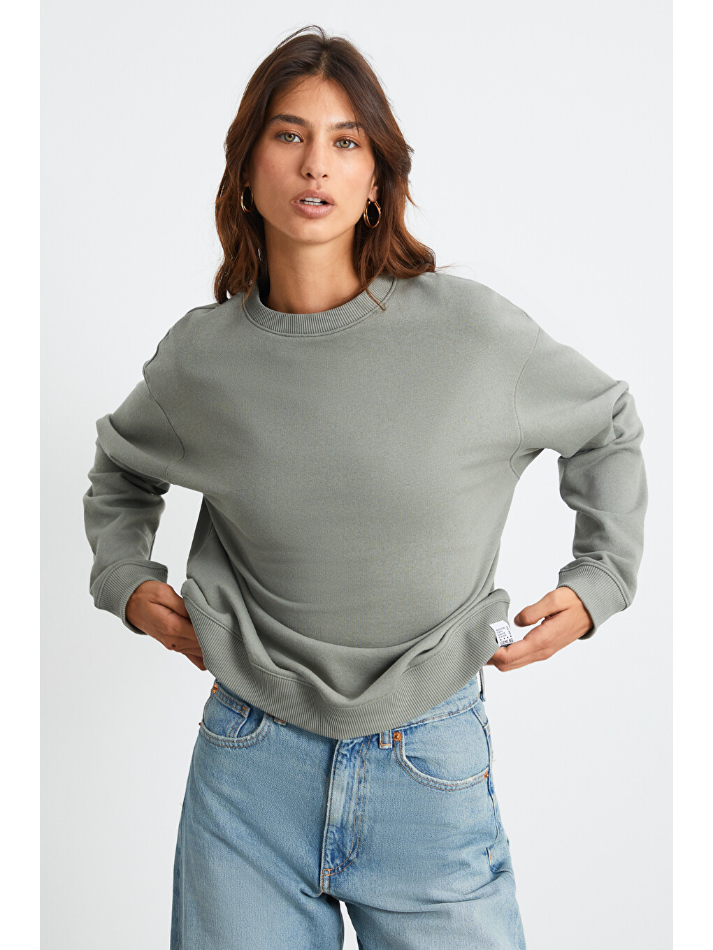Maıja Kadın Bisiklet Yaka İçi Polarlı Oversize Fit Basic Açık Haki Sweatshirt-2