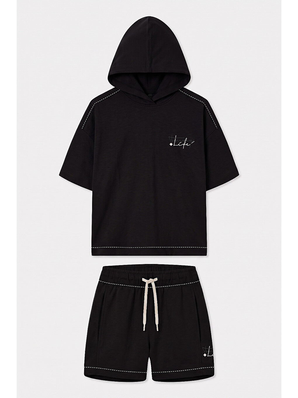 Siyah Kapüşonlu Dikiş Detaylı Kız Çocuk Şort Takım - 75185