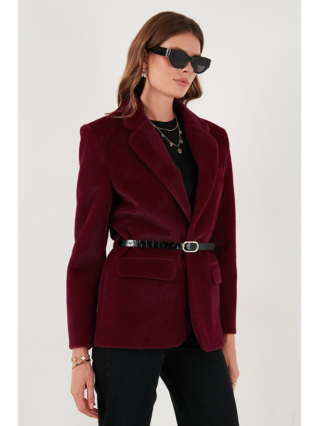 Bordo Regular Fit Astarlı Kemer Detaylı Pelüş Dokulu Ceket 6839490-2