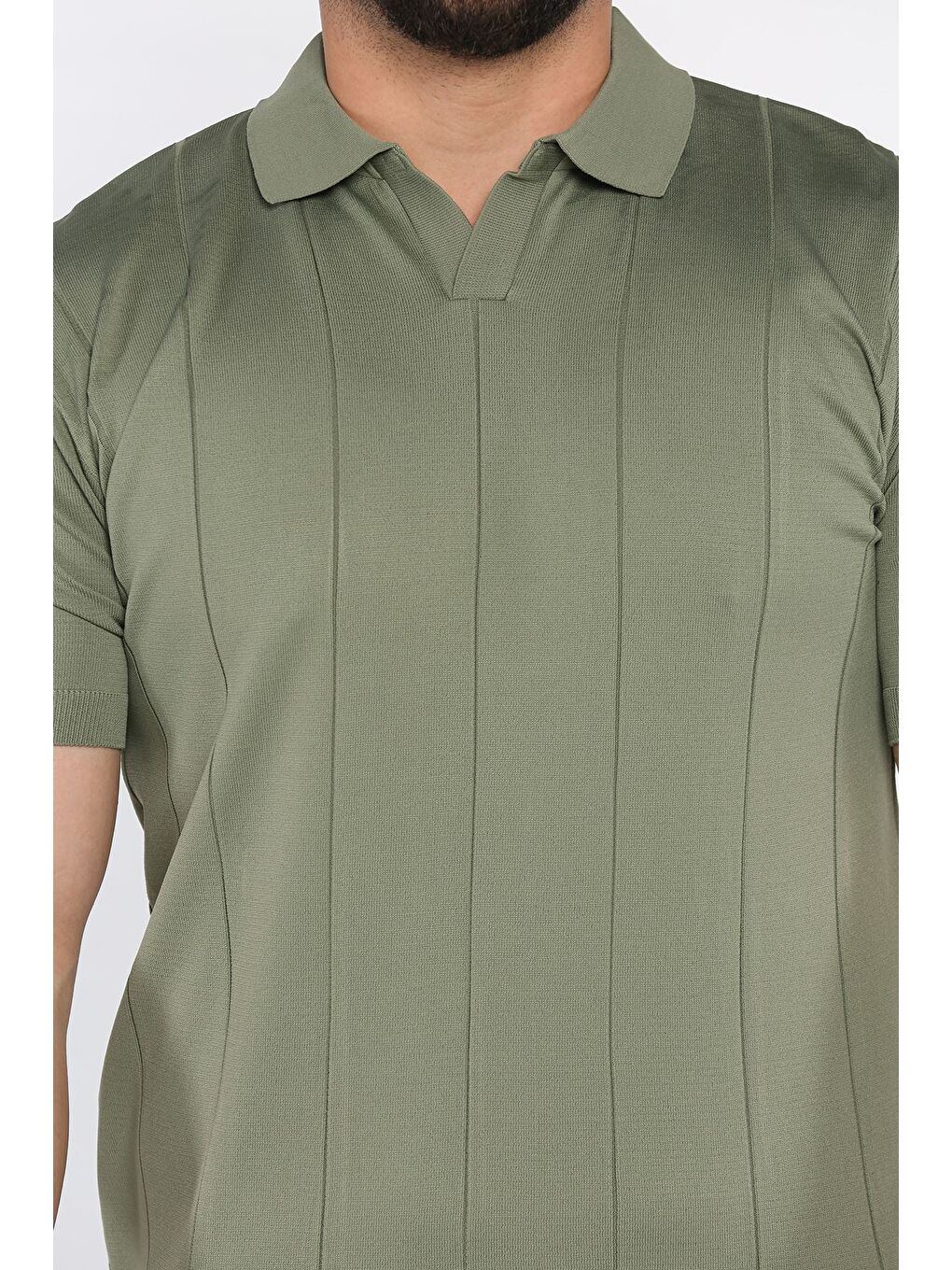 Haki Erkek Polo Yaka Kendinden Çizgi Desenli Tişört-3