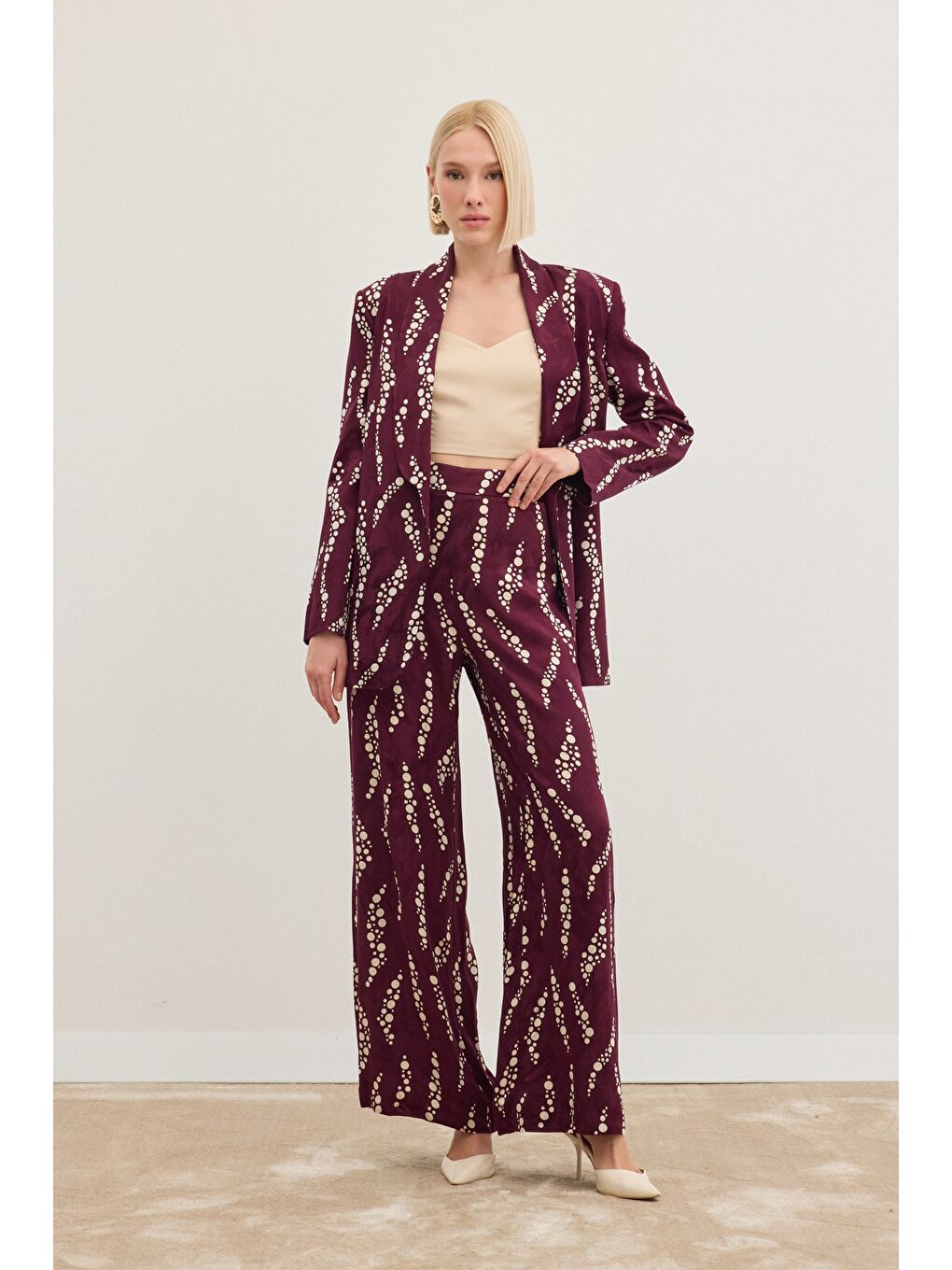 Desenli Bol Paça Pantolon - Bordo-1