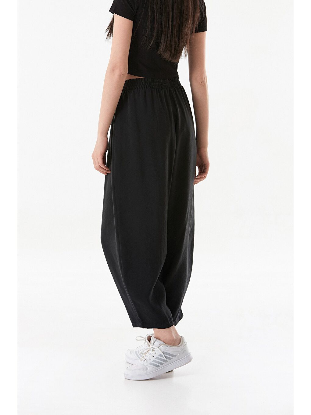 Siyah Beli Lastikli Çimalı Ayrobin Kumaş Şalvar Pantolon-3