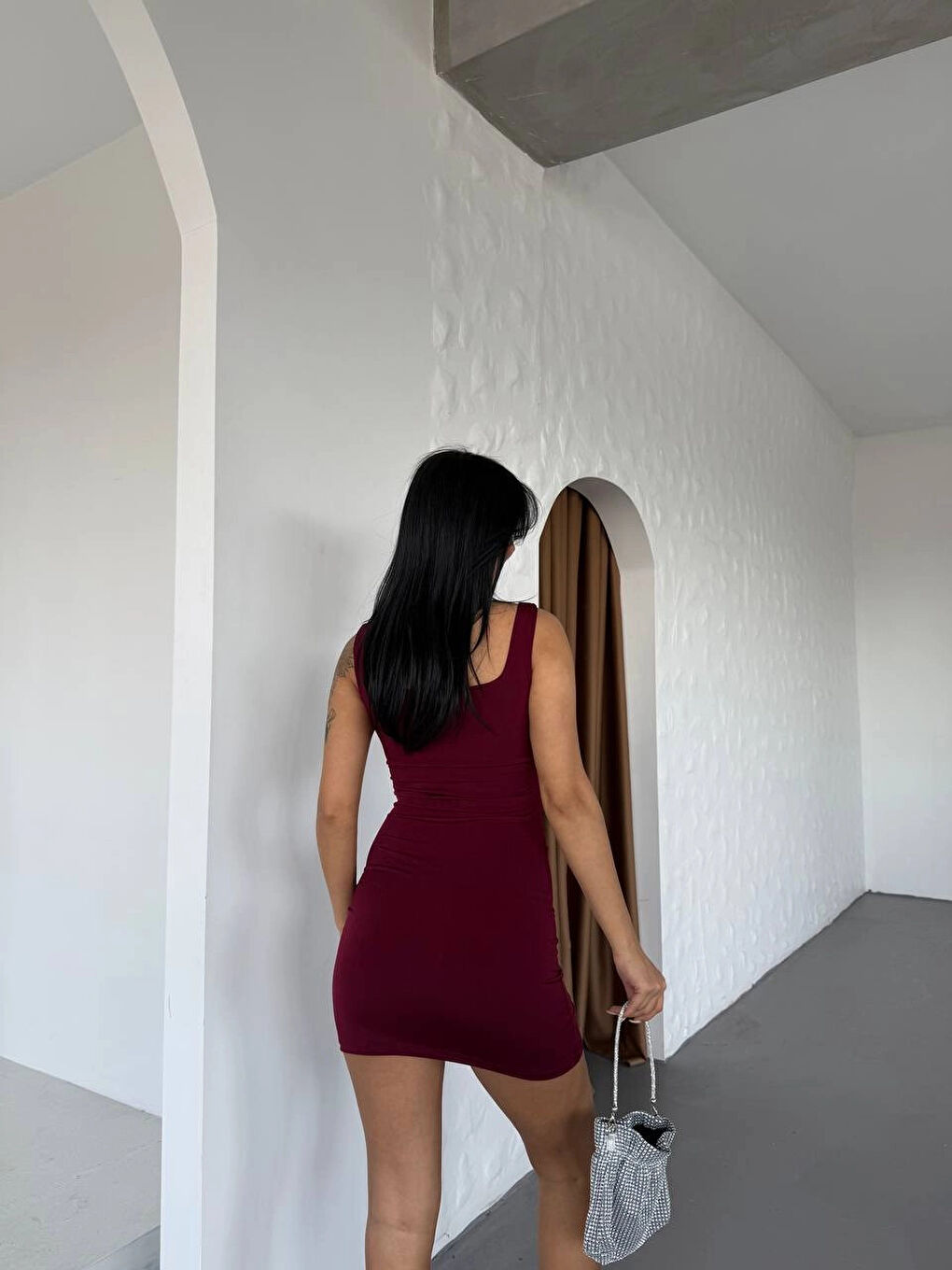 Kadın Bordo Kalın Askılı Yanlardan Drapeli Mini Elbise HZL25S-FRY123081-3