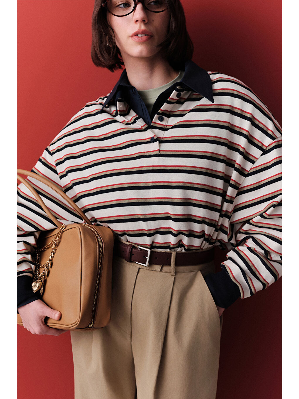 Polo Yaka Çizgili Sweatshırt Lacivert