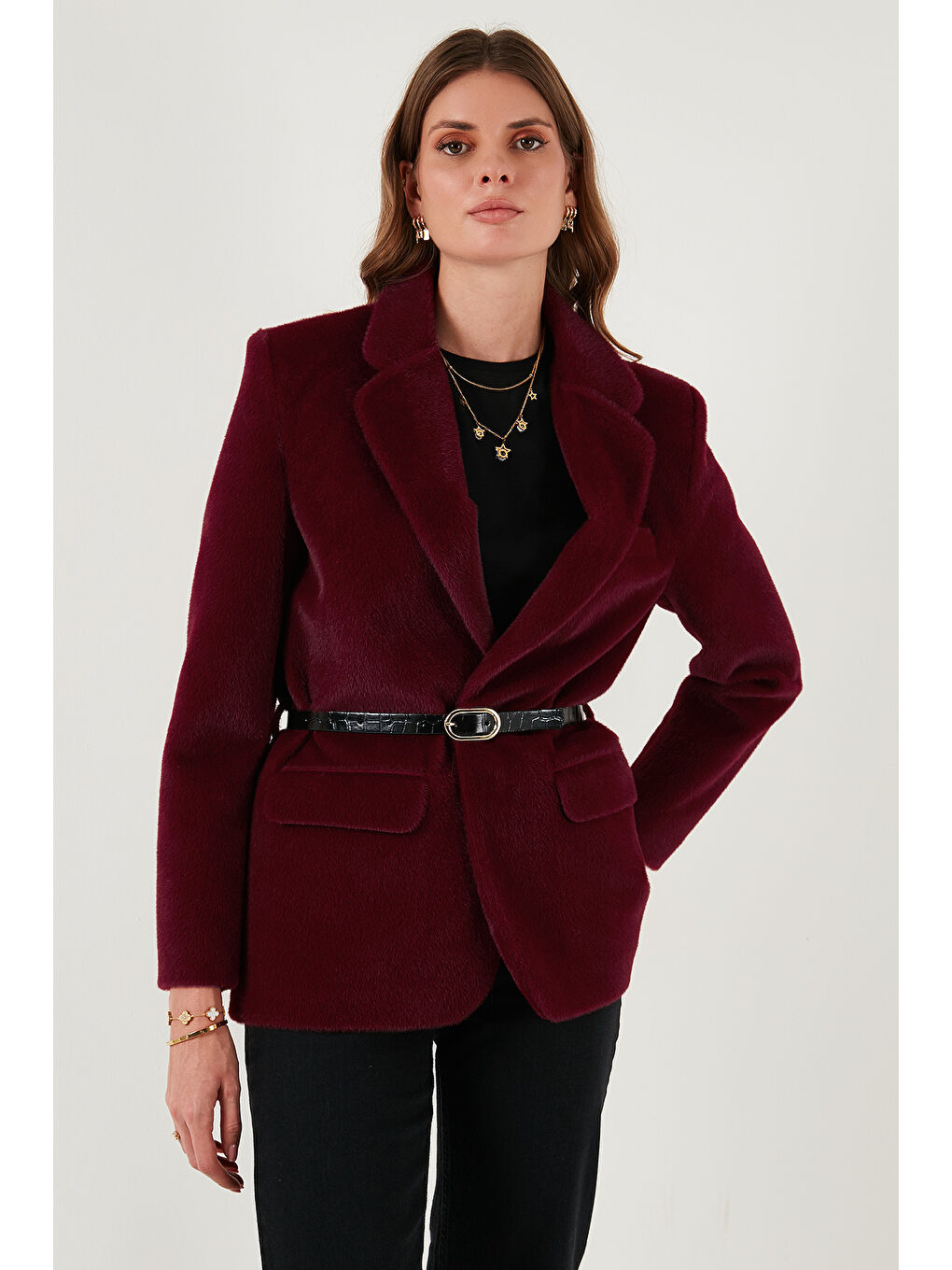 Bordo Regular Fit Astarlı Kemer Detaylı Pelüş Dokulu Ceket 6839490-3