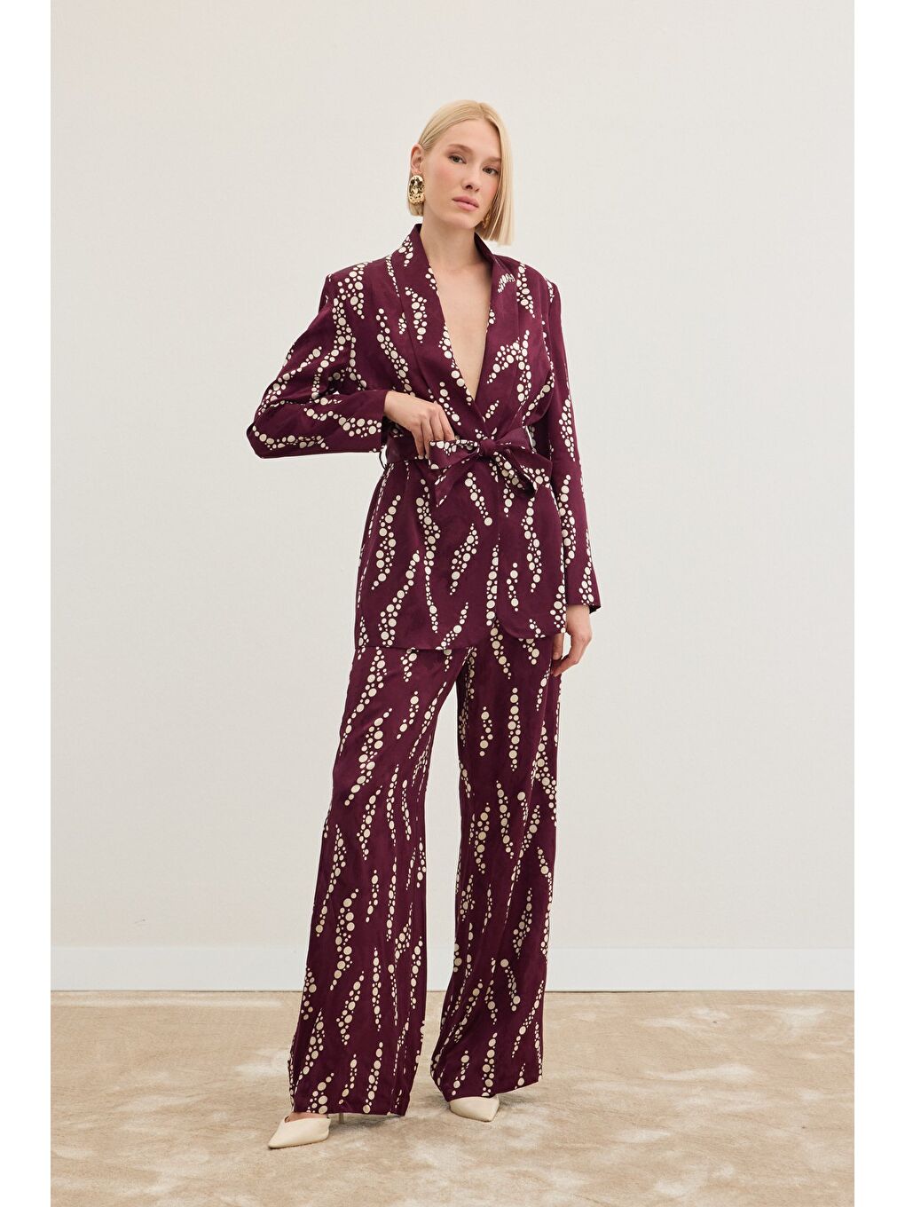 Desenli Bol Paça Pantolon - Bordo-4