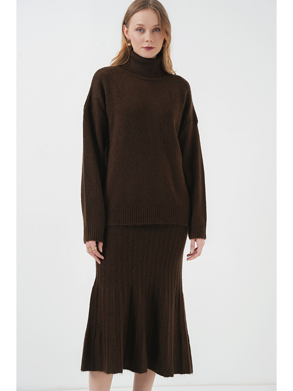 15892 Kazak Etek Triko İkili Takım - Kahverengi