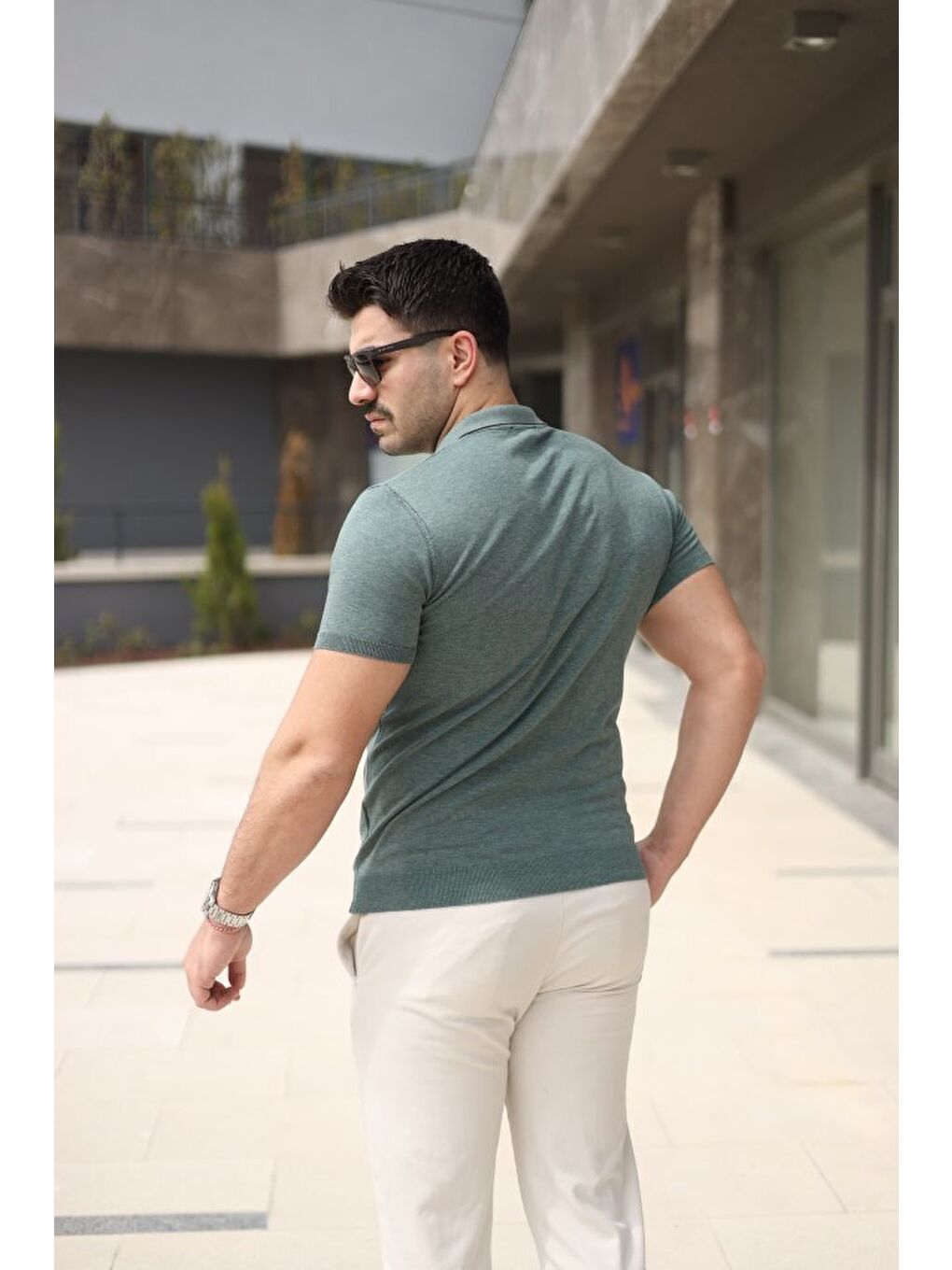 Yeşil Erkek Polo Yaka Fermuar Detaylı Tişört-1