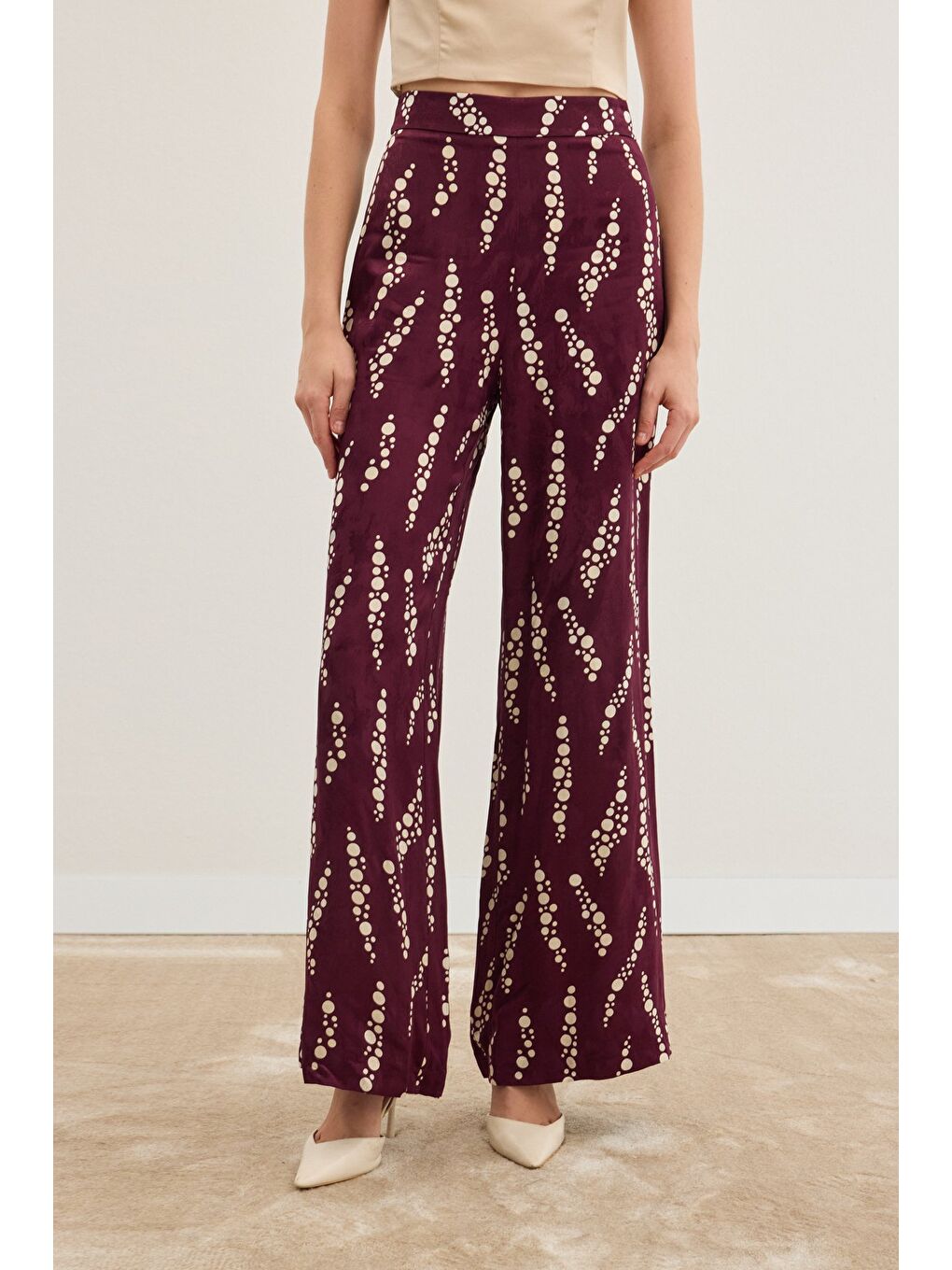 Desenli Bol Paça Pantolon - Bordo-5