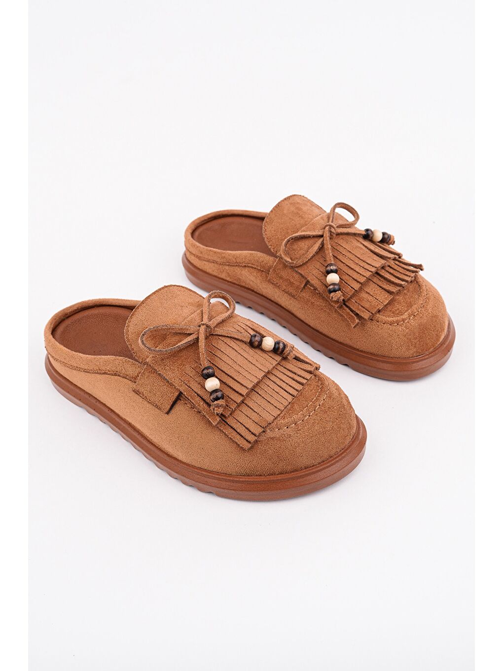 Kahverengi FRİNGE Süet Deri Fiyonk Detaylı Günlük Rahat Önü Kapalı Kadın Püsküllü Loafer Terlik-1